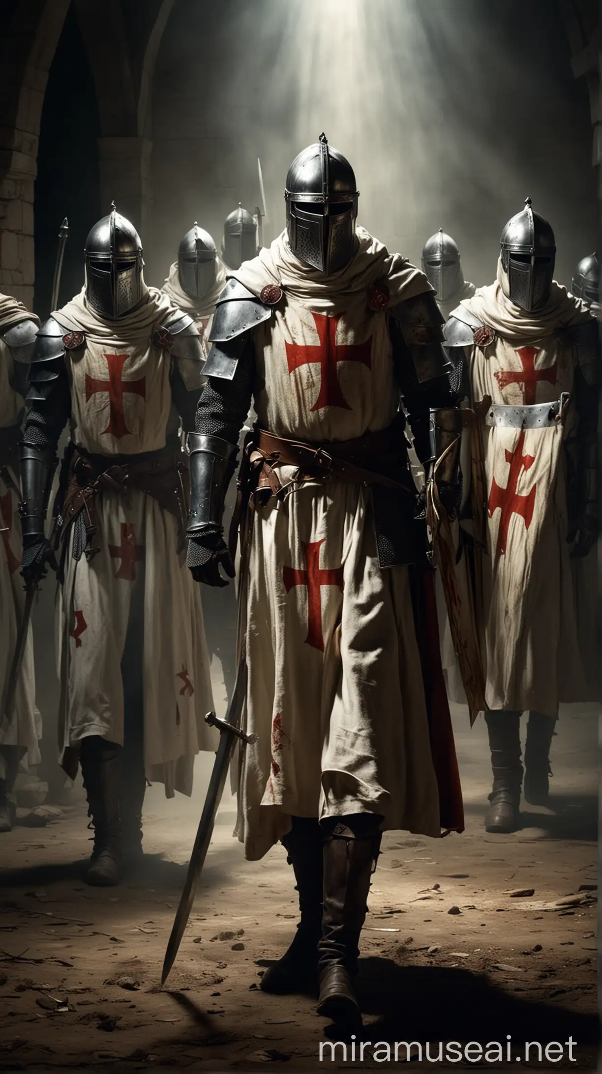  Use an image of a group of Knights Templar in dramatic lighting, emphasizing mystery and strength. hyper realistic