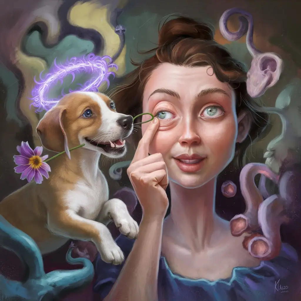 Create a surreal digital painting of a scene where a woman gently holds one of her eyes open with her finger.  Beside him, a beautiful puppy with a flower curled in a purple glair dog's mouth leans toward his eye, its mouth open as if ready to look inside.
