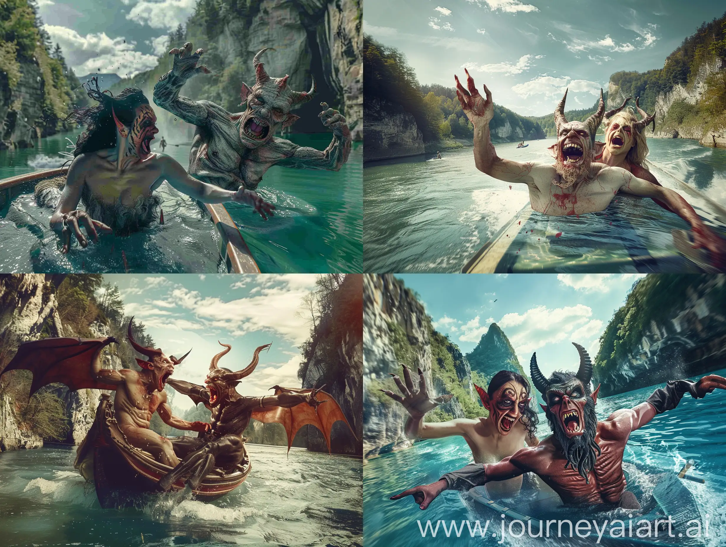 A demon with his demonic girlfriend are swimming on a boat thru a beautiful river and quarreling fiercely all the time, a realistic photo, cinematic