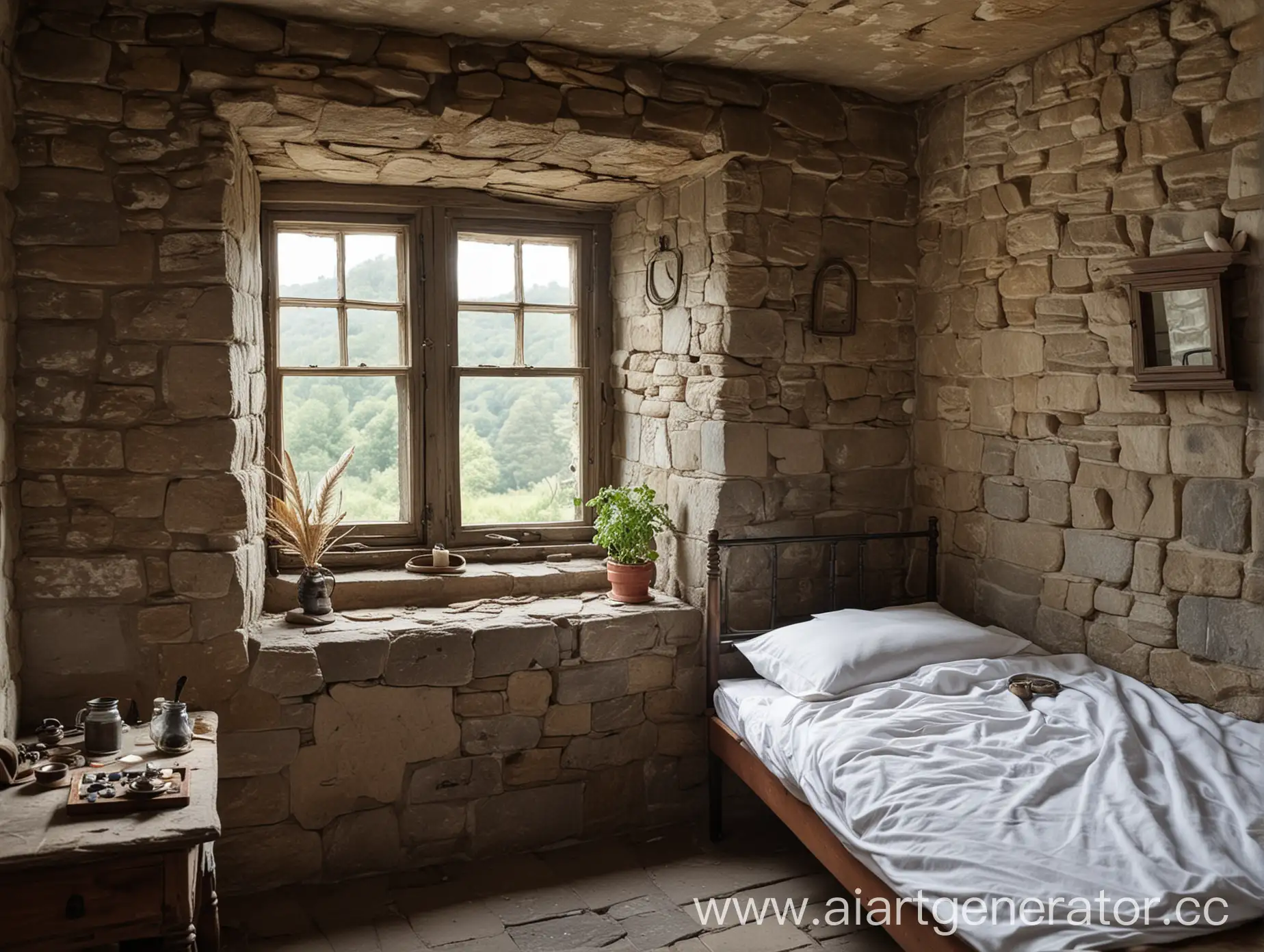 Комната с каменными стенами с кроватью и одним окном, у окна стол на котором подцещник и чернильница с пером. Вид на кровать