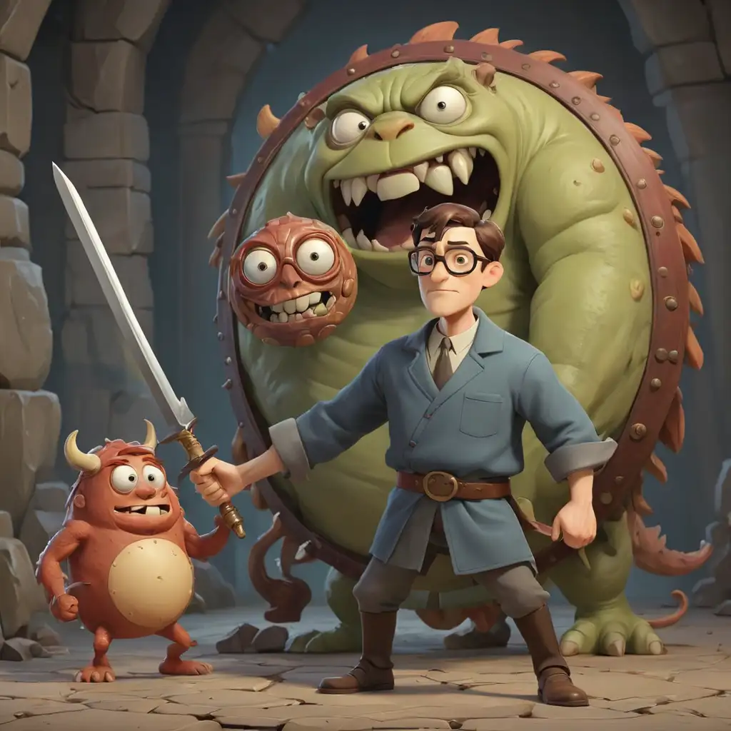 Brave-Cartoon-Man-with-Sword-and-Shield-Faces-Off-Against-Fierce-Monsters