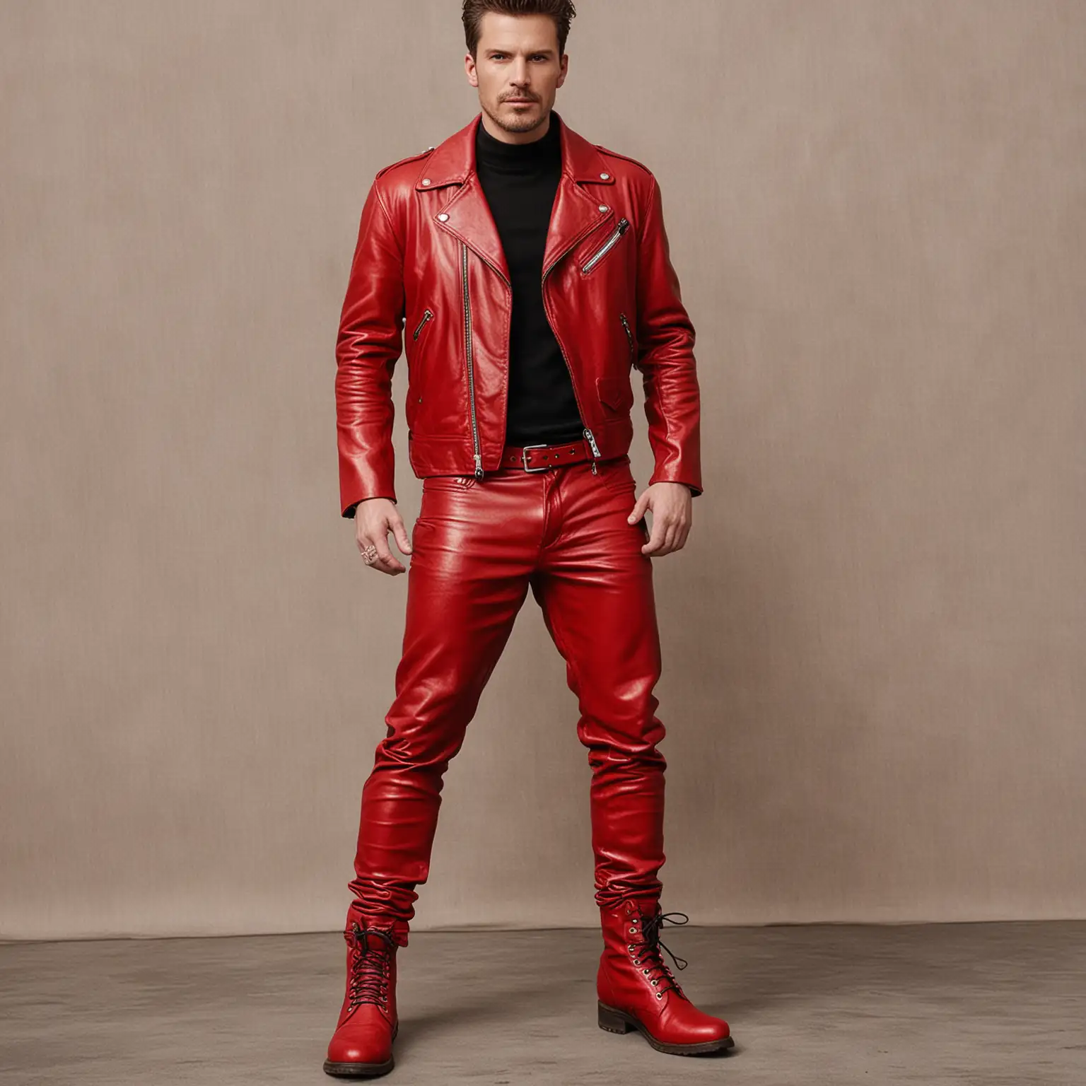 A man wearing red leather pants, a red leather jacket and red boots 