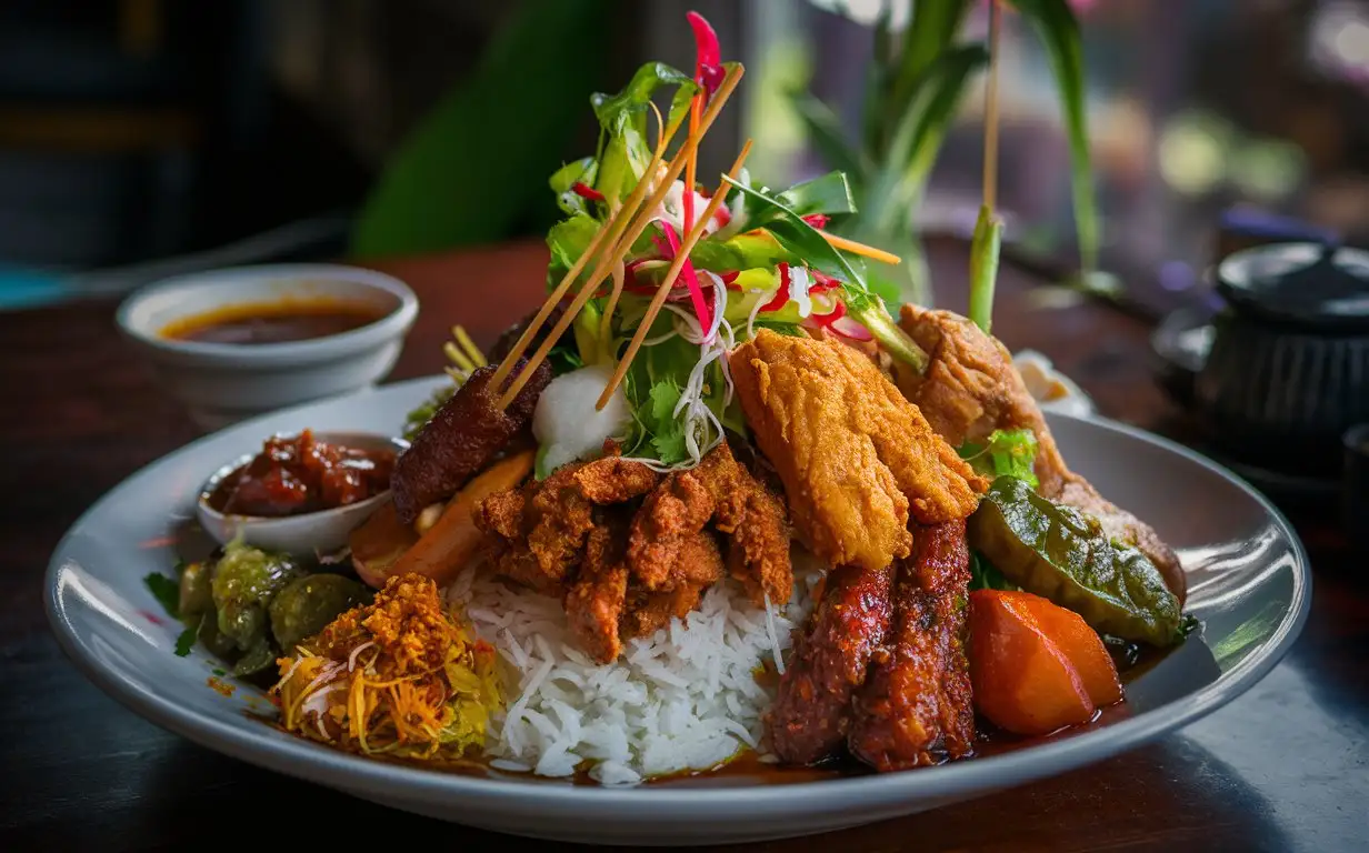 a color photo of an Indonesian Nasi campur, shot by peter lik
