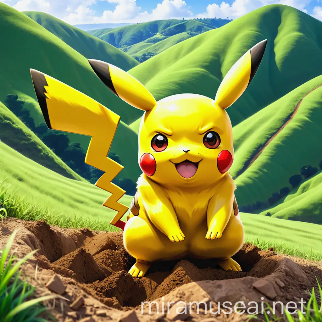 Pikachu Excavating in the Verdant Hills