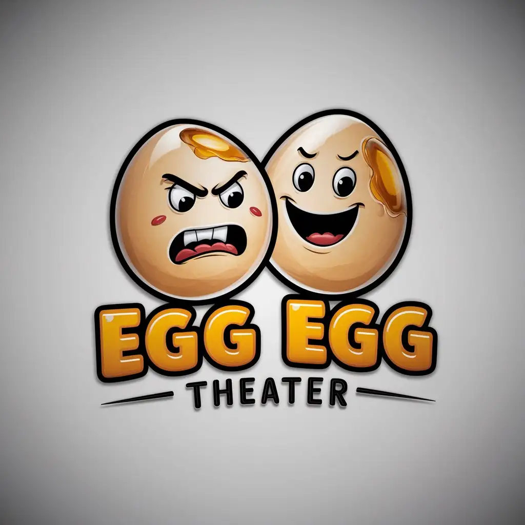 a logo design,with the text "Egg Egg Theater", main symbol:two eggs / cartoon / warm / funny / weird / 3D / couple / high quality / angry / yolk / shell / lusty / friendship / happy / fun / young,Minimalistic,be used in Internet industry,clear background