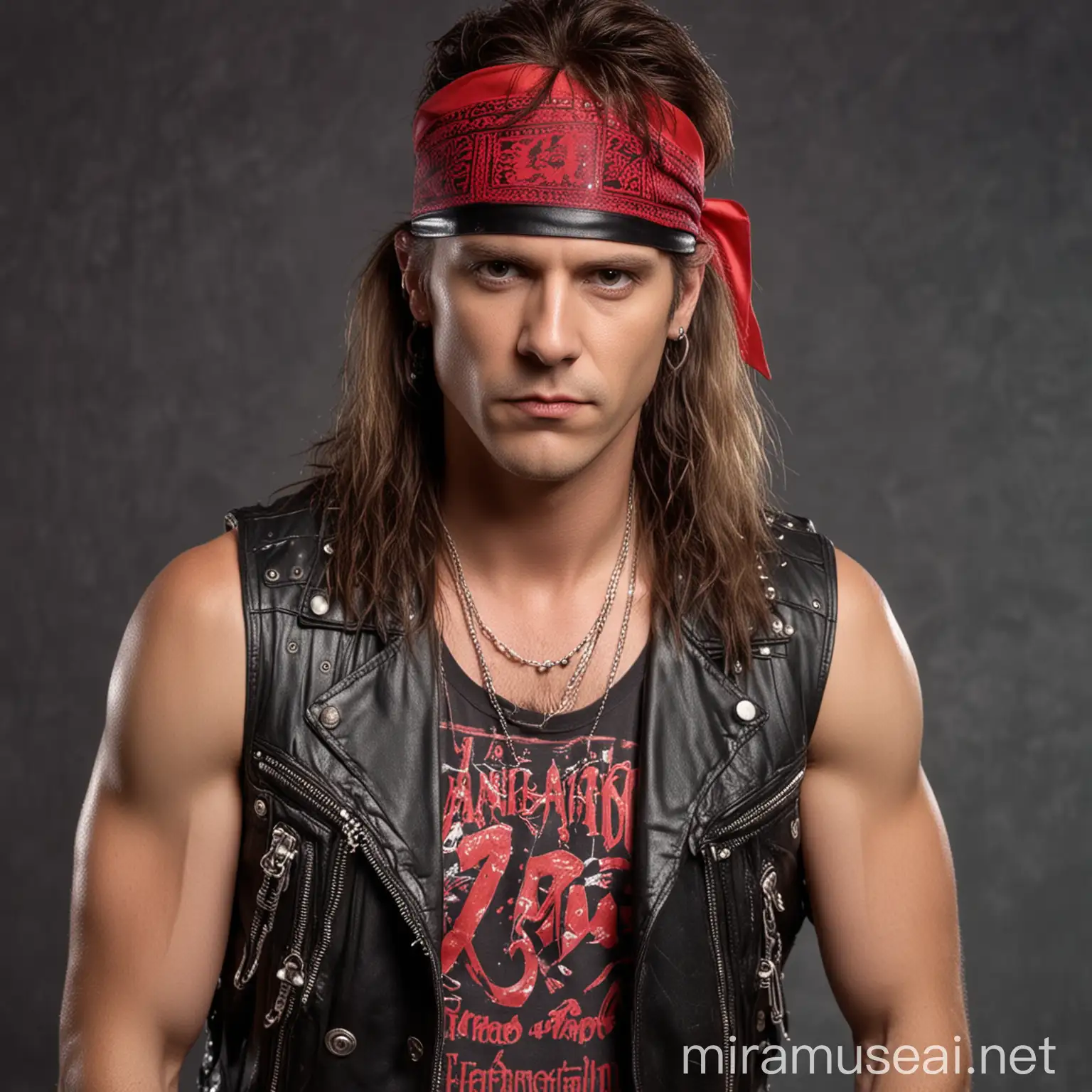 80s Glam Metal Rocker with Mullet and Red Bandana in Leather Vest
