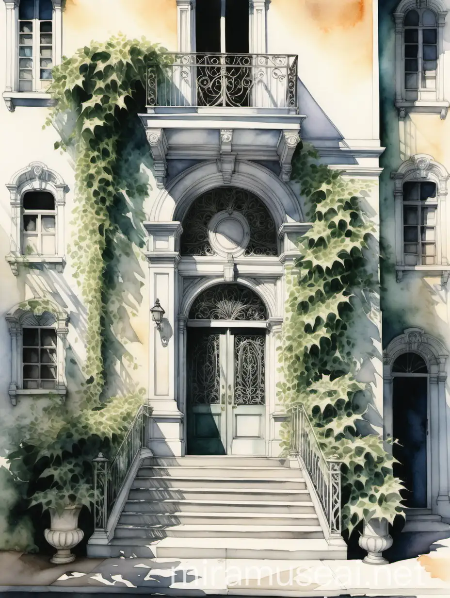 A watercolor painting of a quaint building with a large, ornate entrance, covered in a thick, verdant vine. The building is painted in shades of white and beige, and the sun casts long shadows on the steps and walls. A street lamp with a wrought iron design stands tall on the right. The image is full of light and shadows, with a soft and dreamlike quality.