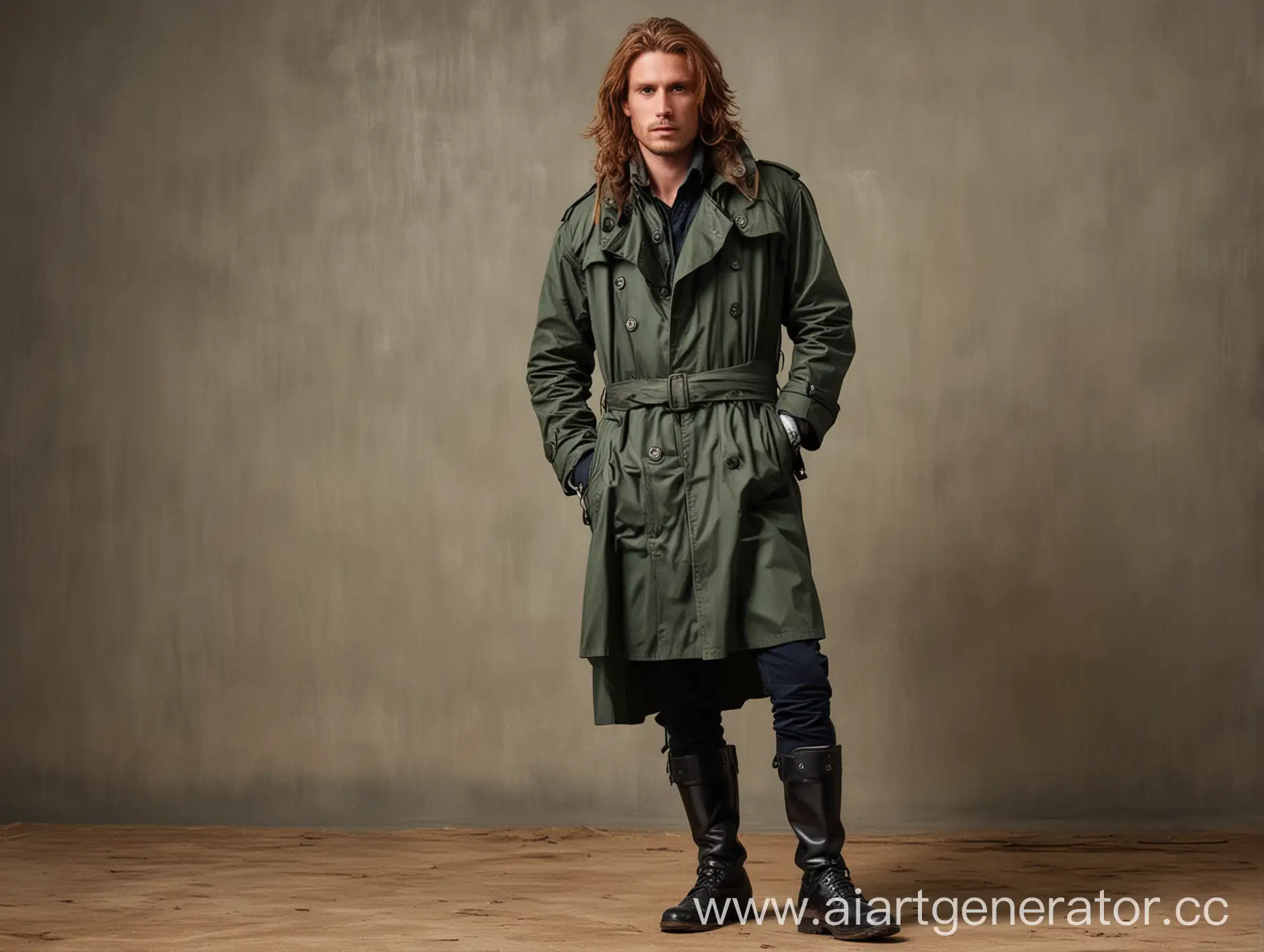 Disheveled-Medium-Height-Man-in-Dark-Green-Trench-Coat-and-Boots