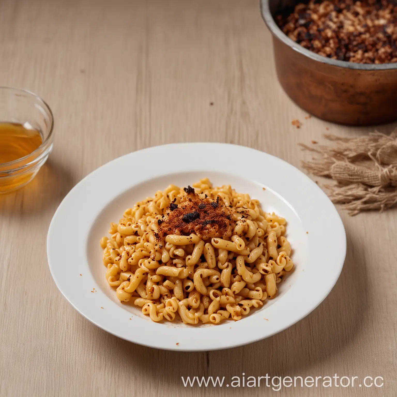 Charred-Macaroni-in-White-Plate-Overcooked-Pasta-Meal-on-Table