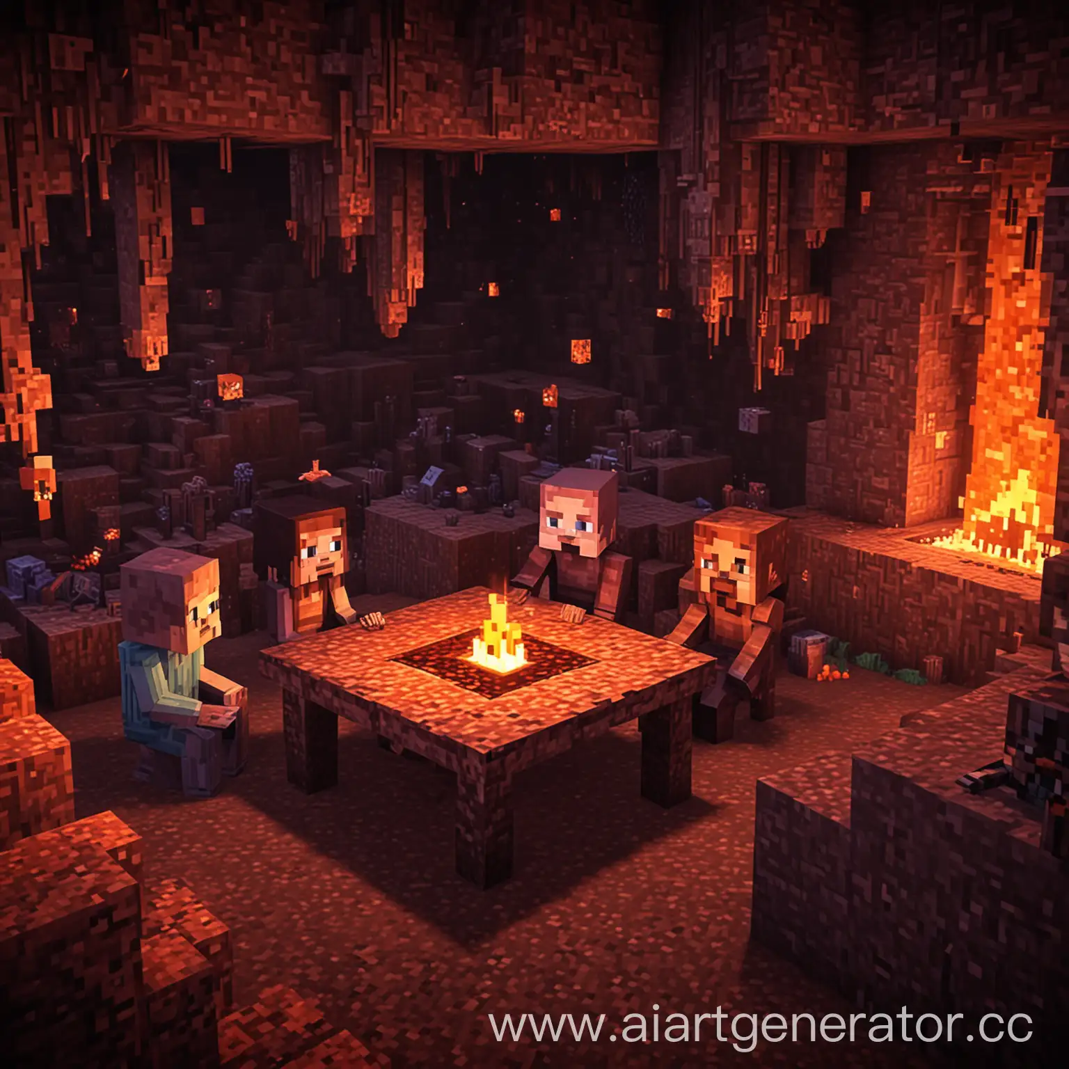 4 персонажа из игры Minecraft сидят за столом и расследуют появление неизвестной сущности в мире ишрока