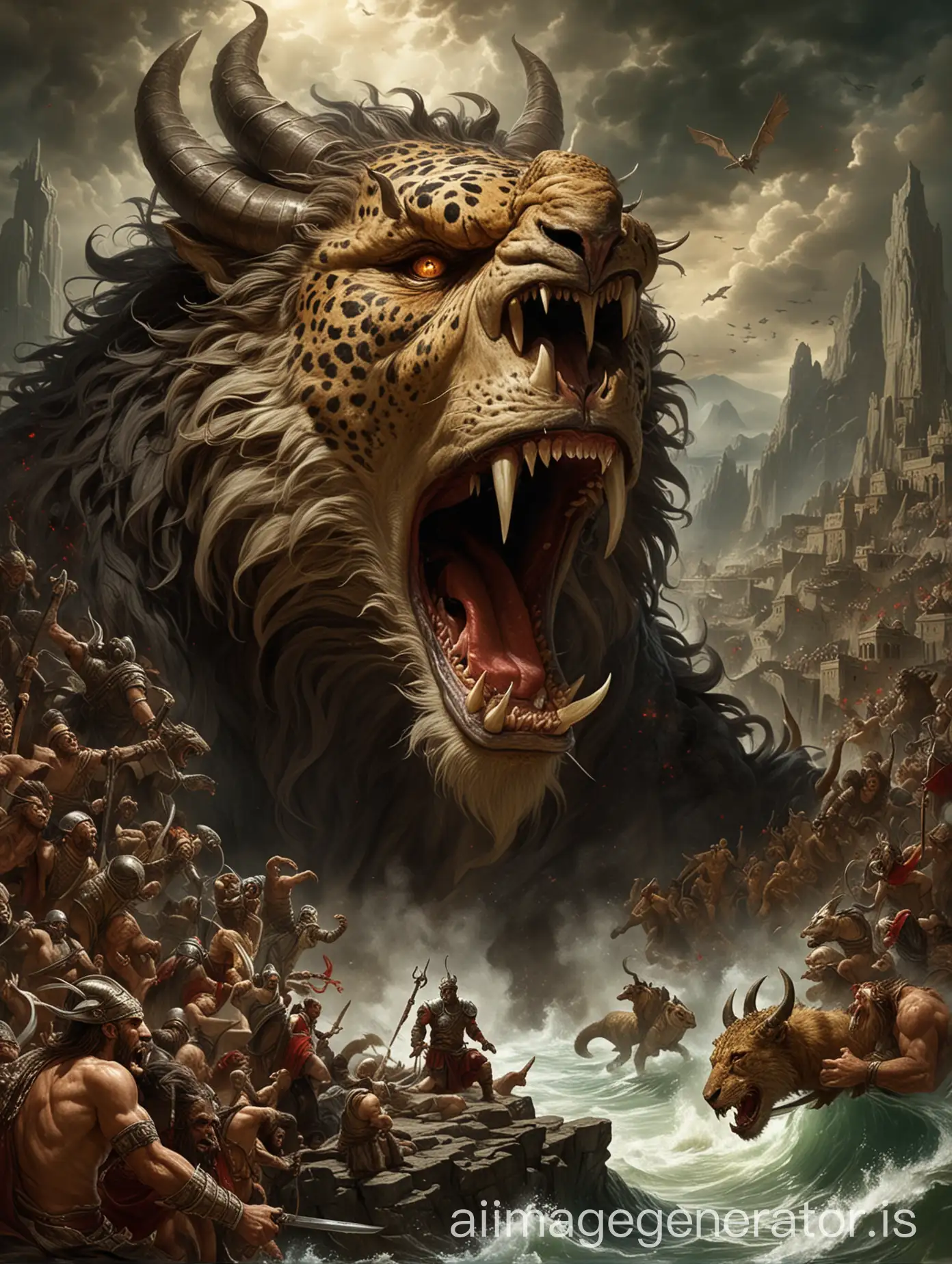 generate a picture based on this story  "And I saw a beast rising out of the sea, with ten horns and seven heads, with ten diadems on its horns and blasphemous names on its heads. And the beast that I saw was like a leopard; its feet were like a bear’s, and its mouth was like a lion’s mouth. And to it the dragon gave his power and his throne and great authority. One of its heads seemed to have a mortal wound, but its mortal wound was healed, and the whole earth marveled as they followed the beast. And they worshiped the dragon, for he had given his authority to the beast, and they worshiped the beast, saying, “Who is like the beast, and who can fight against it?” And the beast was given a mouth uttering haughty and blasphemous words, and it was allowed to exercise authority for forty-two months. It opened its mouth to utter blasphemies against God, blaspheming his name and his dwelling, that is, those who dwell in heaven.”