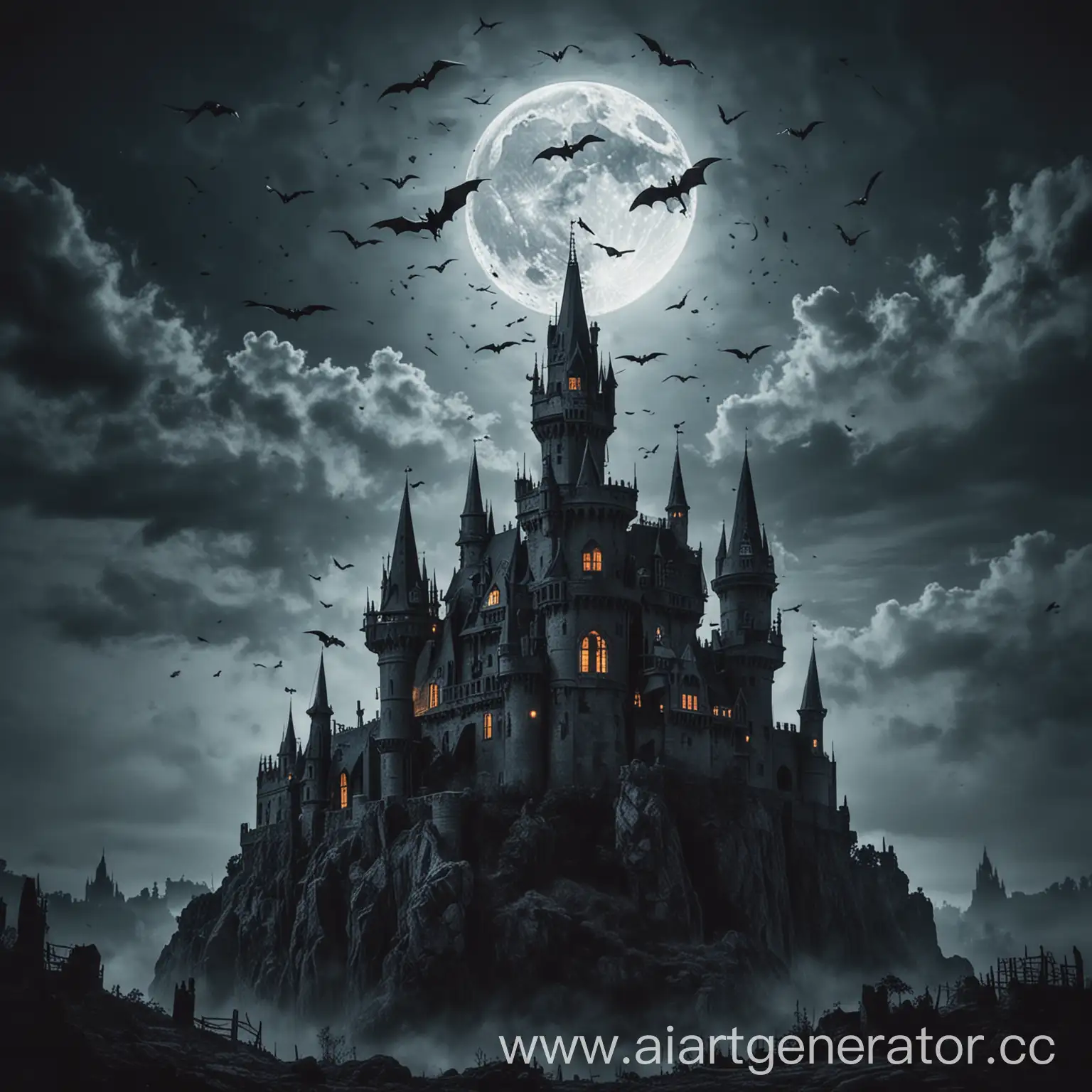 мрачный замок с летучими мышами на фоне луны