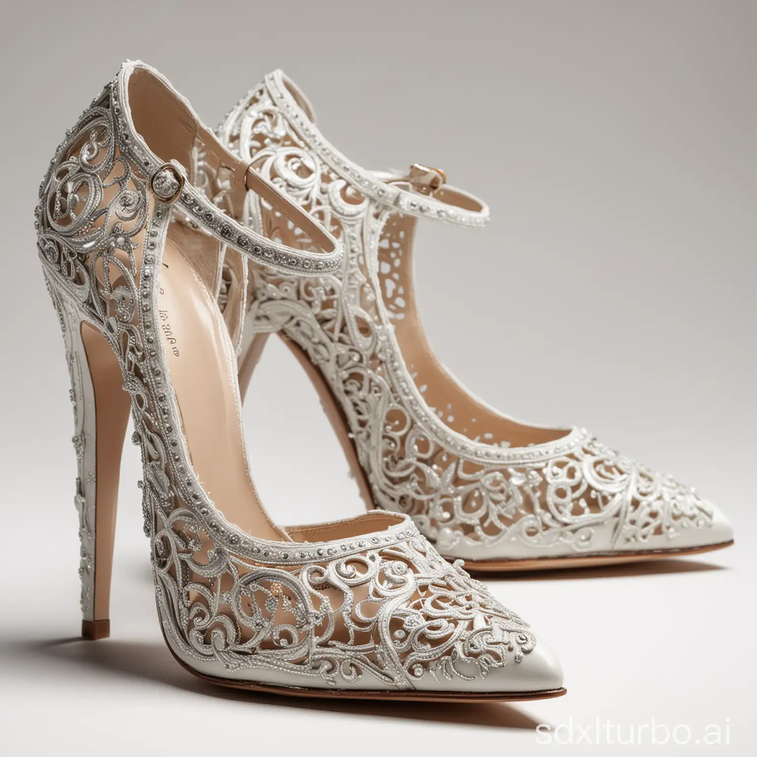 A close-up of a pair of designer shoes, showing the intricate details and luxurious materials. The shoes are placed on a white background, which allows them to stand out and capture the viewer's attention.