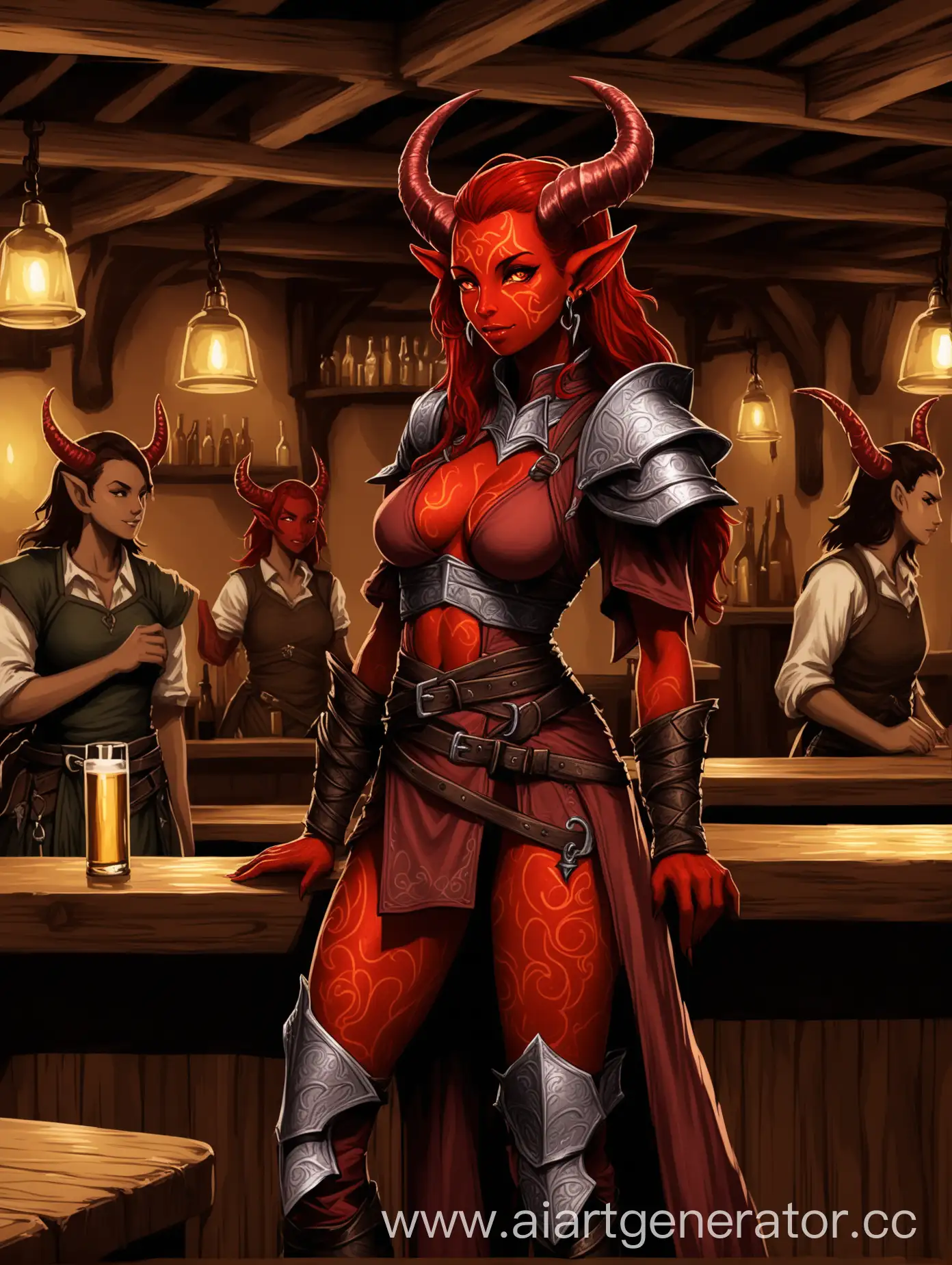 Tall-Red-Tiefling-Female-Warrior-Standing-Sideways-in-Tavern