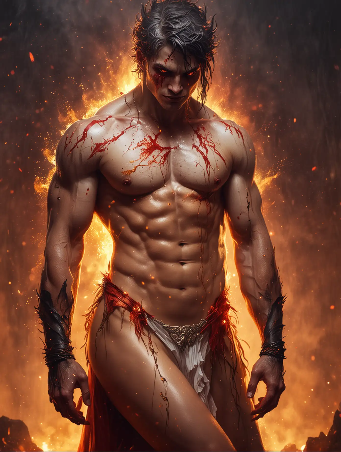 Illustration of a man evil hell monster, he has nice abs, red yellow skin, he is wearing a thong, he looks sexy, strong arms, shirtless, he is in an embrace with a beautiful fae woman who is wearing a short white dress, red fog, flakes, gold sparks