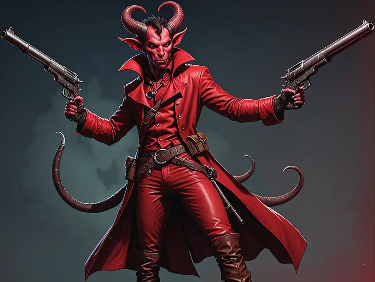 A tiefling man in red clothes and brown boots with a big gun in hands