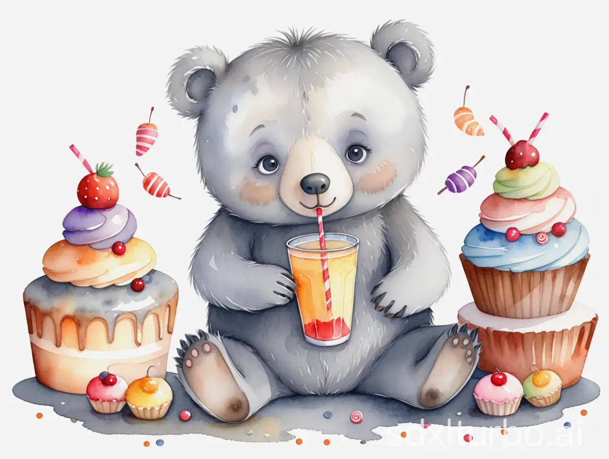 Gray-Little-Bear-Enjoying-Juice-Surrounded-by-Sweets-in-Watercolor-Childrens-Book-Illustration