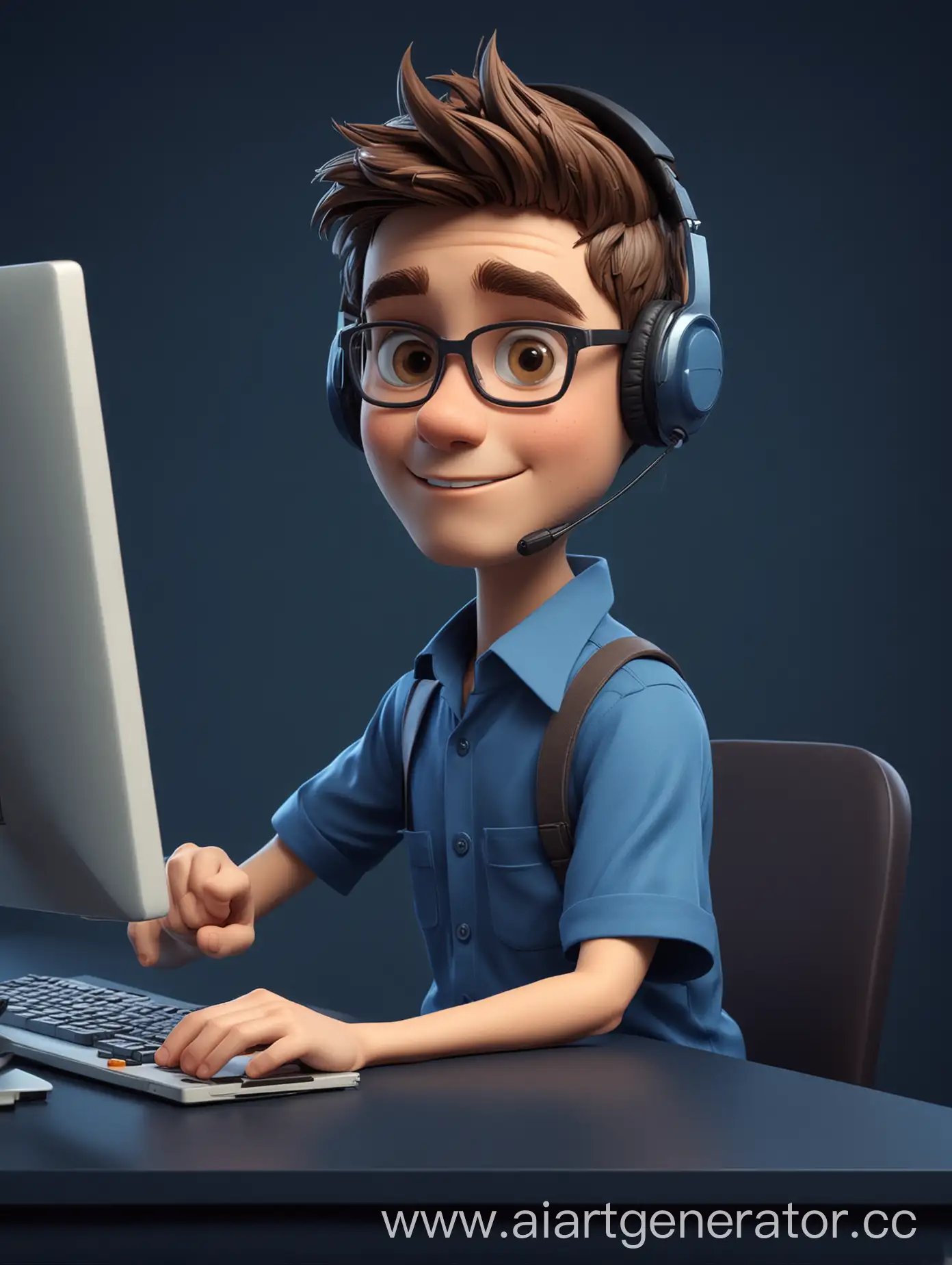 специалист контакт центра - мультипликационный персонаж, мальчик. Сидит за столом с компьютером, на голове одета гарнитура. на заднем фоне стена, с темно-синим фоном