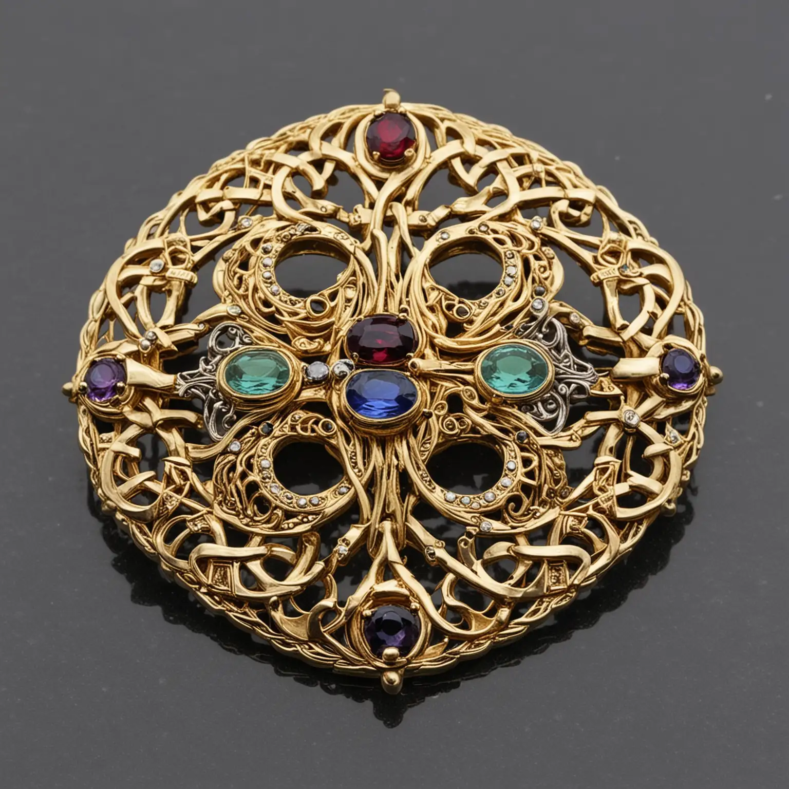 Ornate-Celtic-Brooch-in-Gold-with-Multicolored-Stones