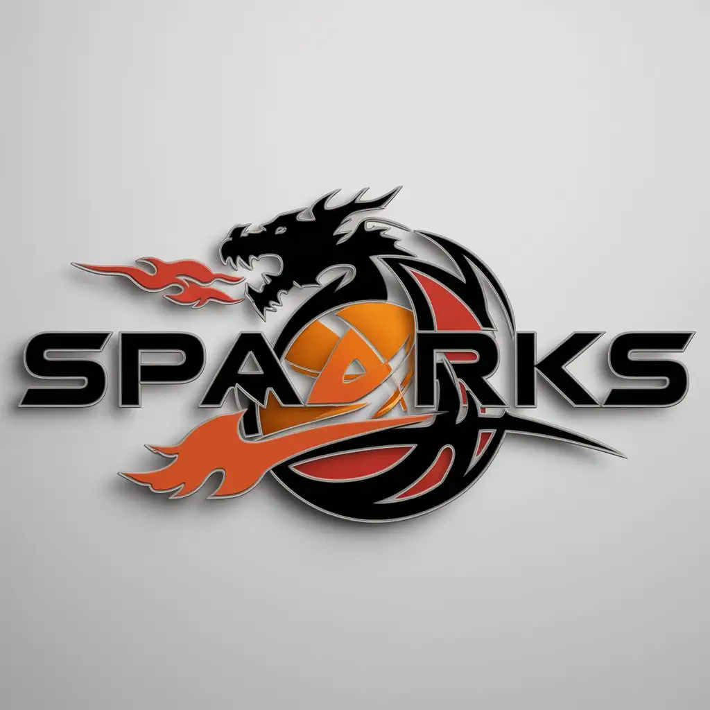 a logo design,with the text "sparks", main symbol:basketball, dragon, flame,Moderate,be used in Sports Fitness industry,clear background