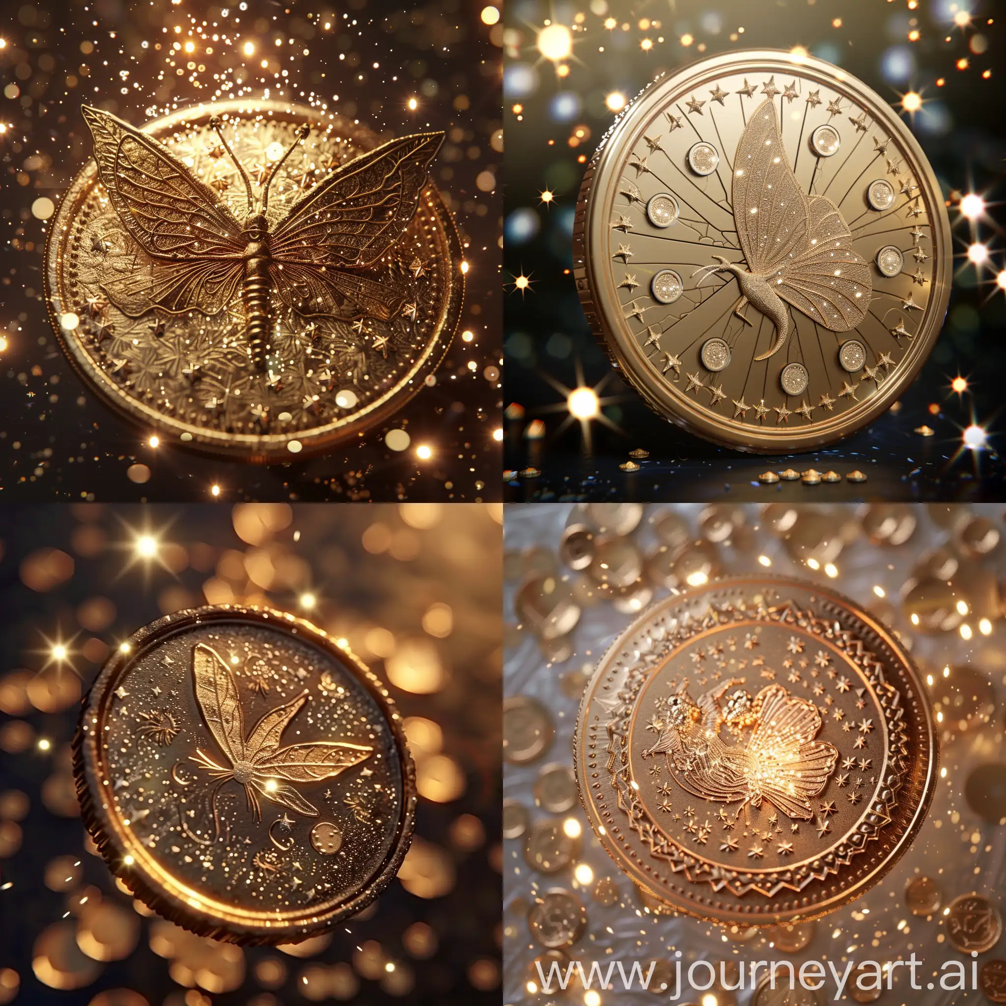 fairy majestic coin with tiny fairy coins, surrounded with sparkles in pixar style 3d