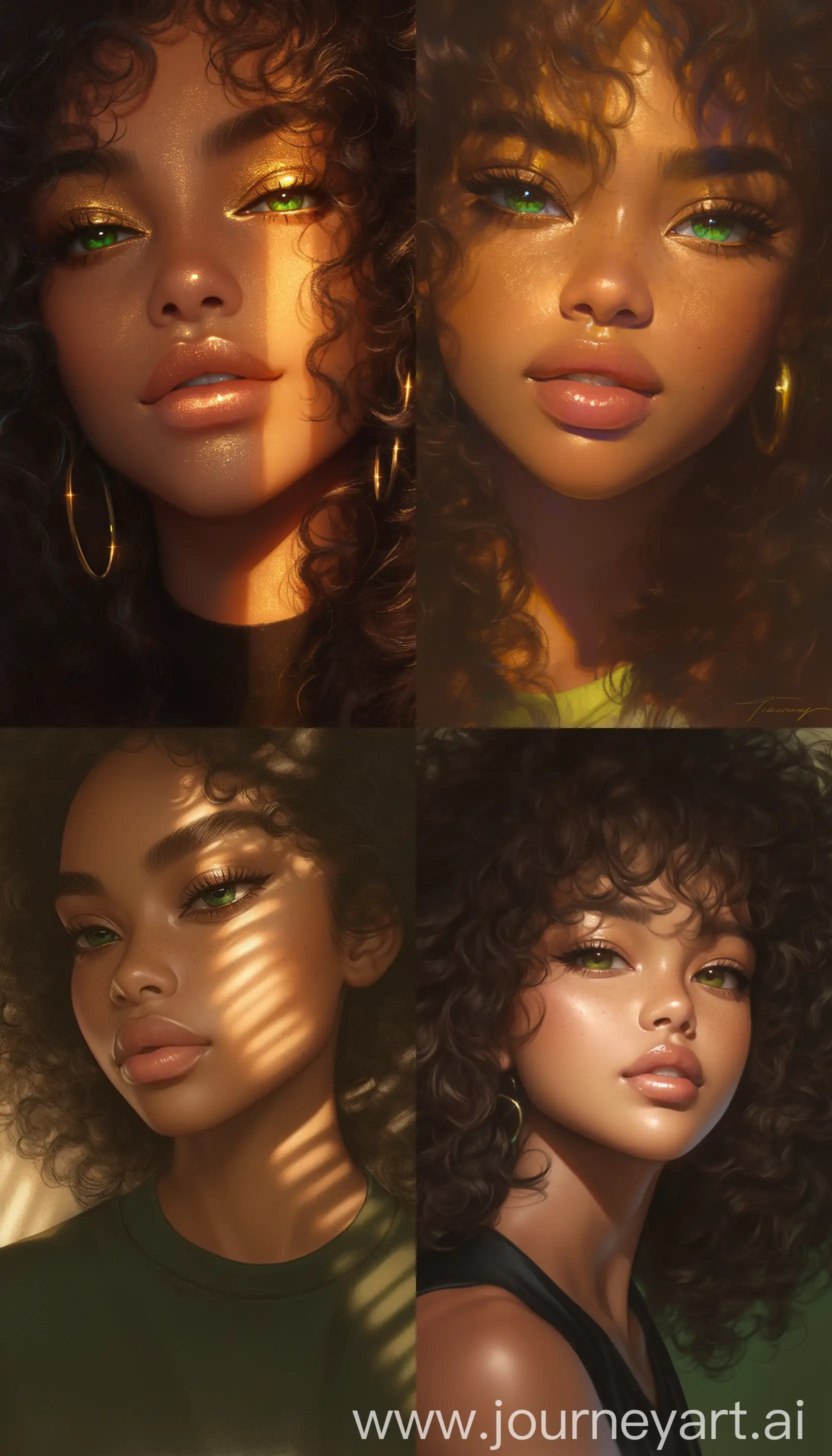 Hyper-realistic portrait of a beautiful afro-asian woman, capturing the essence with green eyes, lit by Fill Light, framed in a Medium Shot manner --ar 4:7 --niji 6 --s 1000