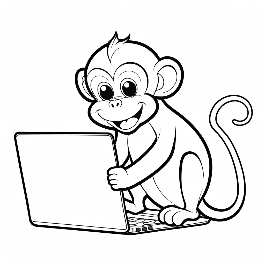 a happy monkey using a laptop with one tail
, Coloring Page, black and white, line art, white background, Simplicity, Ample White Space. The background of the coloring page is plain white to make it easy for young children to color within the lines. The outlines of all the subjects are easy to distinguish, making it simple for kids to color without too much difficulty