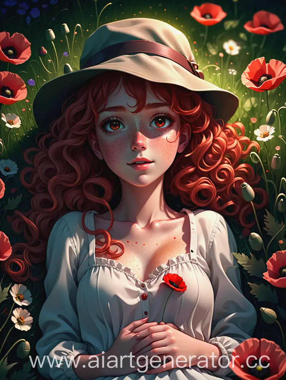 Anime-Girl-with-Red-Curly-Hair-Lying-Under-Glowing-Poppy-Flower-at-Night