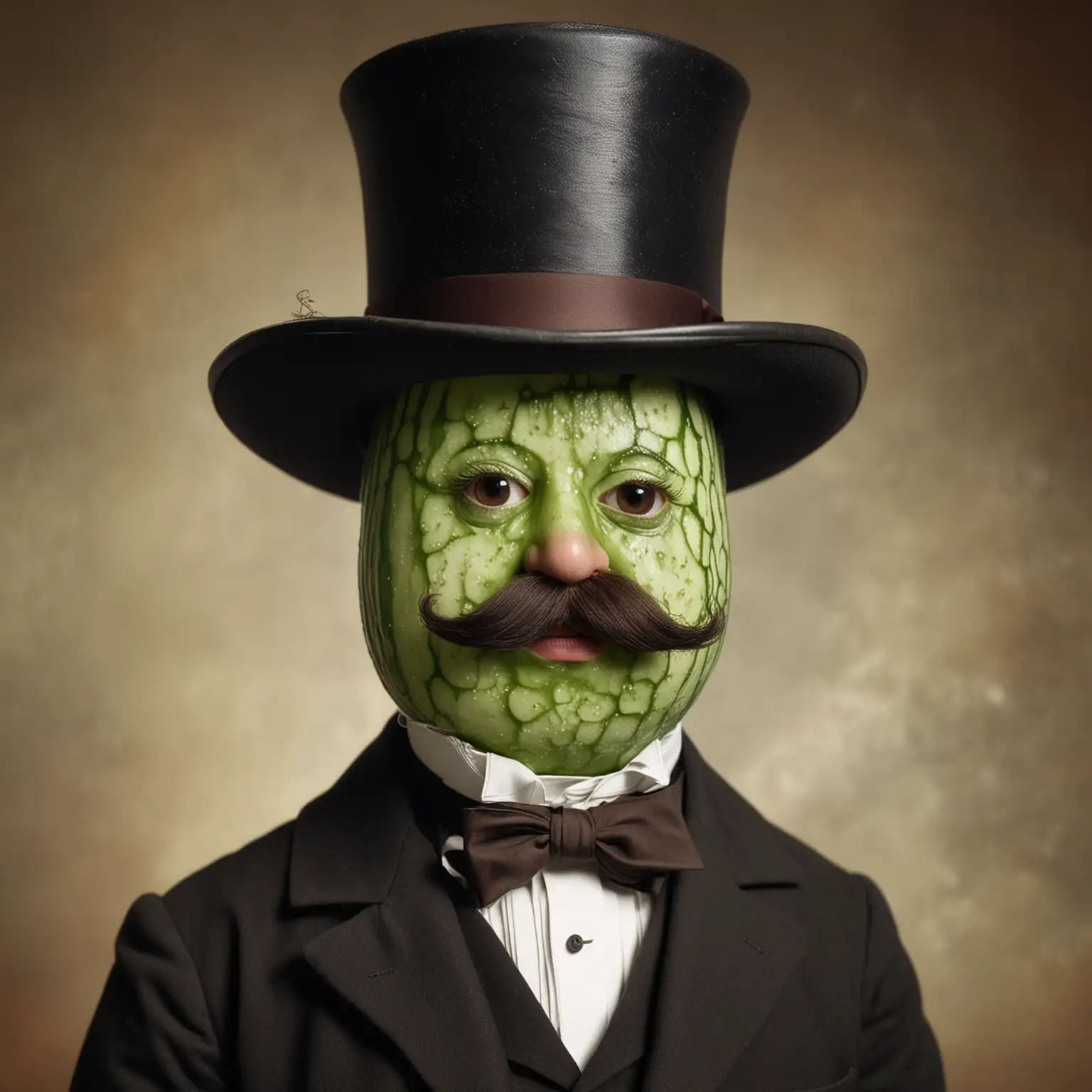 19th Century Cucumber Slice in Mustache and Top Hat with a Suit