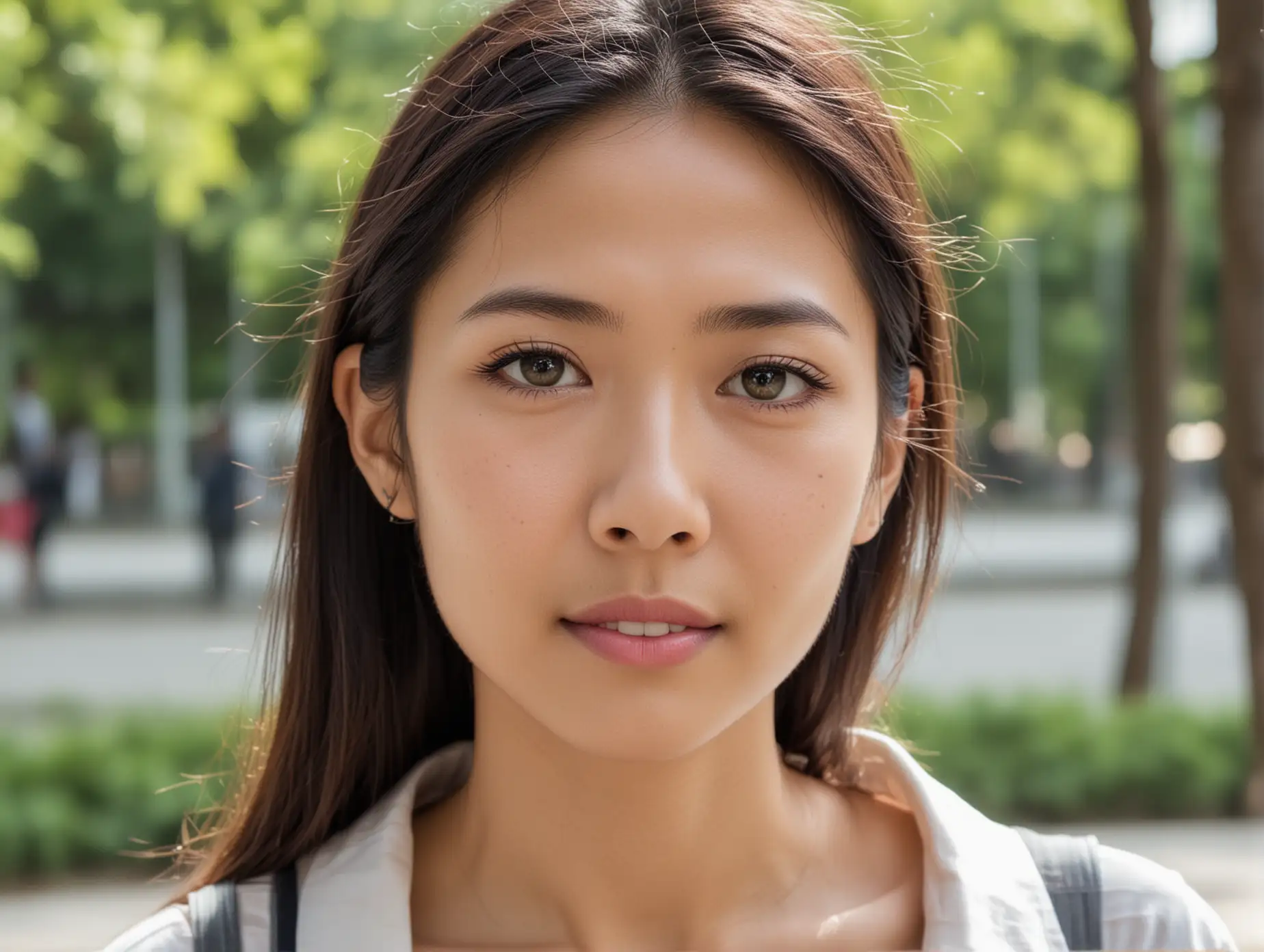 face of a beautiful skinny 30 year old thai female professor with kind soulful loving eyes outside on campus on a warm day