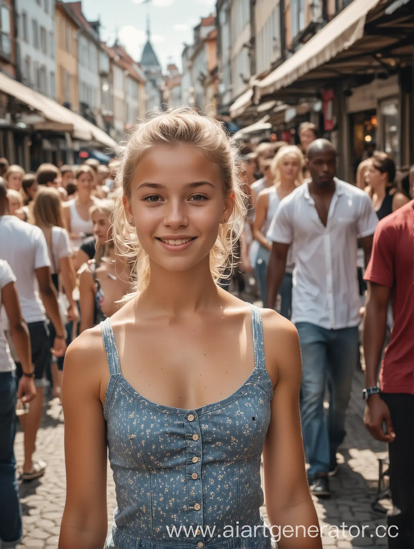 raw photo of a beautiful 15-year-old Norwegian woman, midweight, hourglass figure, surrounded by black men, on a crowded street market, happy, hot summer day, candid, dynamic, full shot, cinematic, natural lighting, 32k, intricately detailed, sharp focus, fine texture, DSLR, 35mm, f8