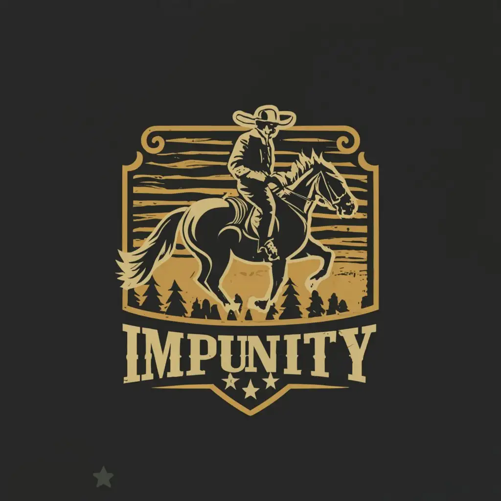 a logo design,with the text "IMPUNITY", main symbol:Cowboy,Horse,Moderate,be used in Entertainment industry,clear background