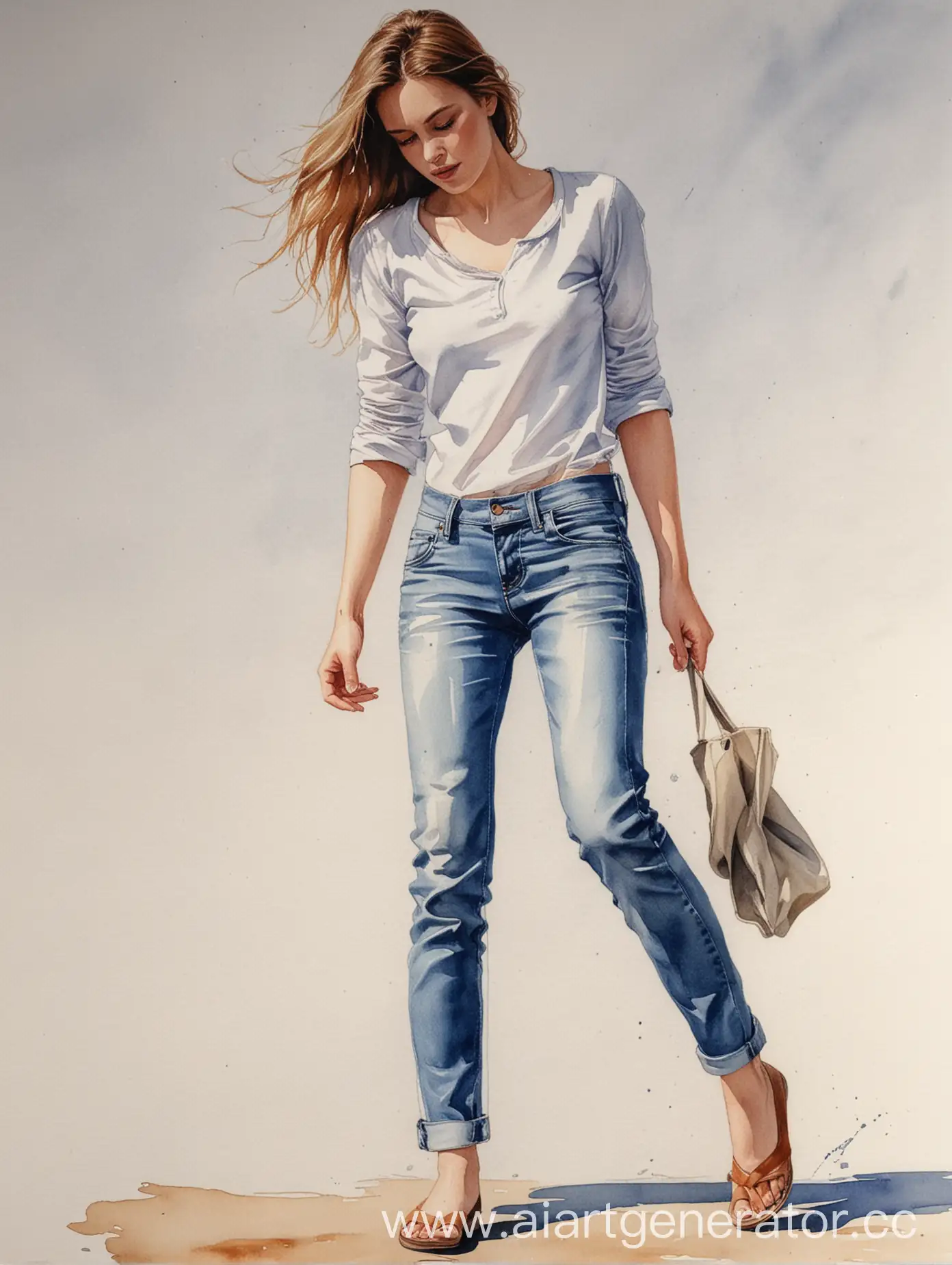 акварель с детализацией в полный рост:  женщина снимает с себя джинсы