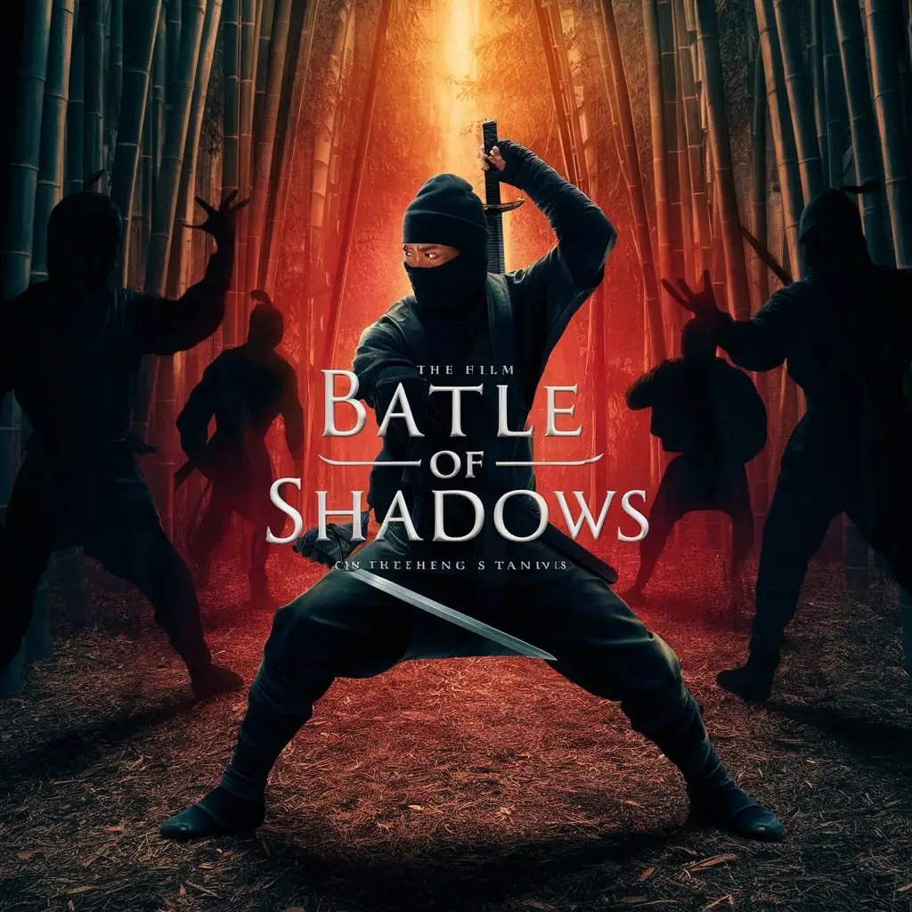 постер фильма,темный силуэт ниндзя,в бамбуковом лесу,красное освещение,название,,Битва Теней",реалистично