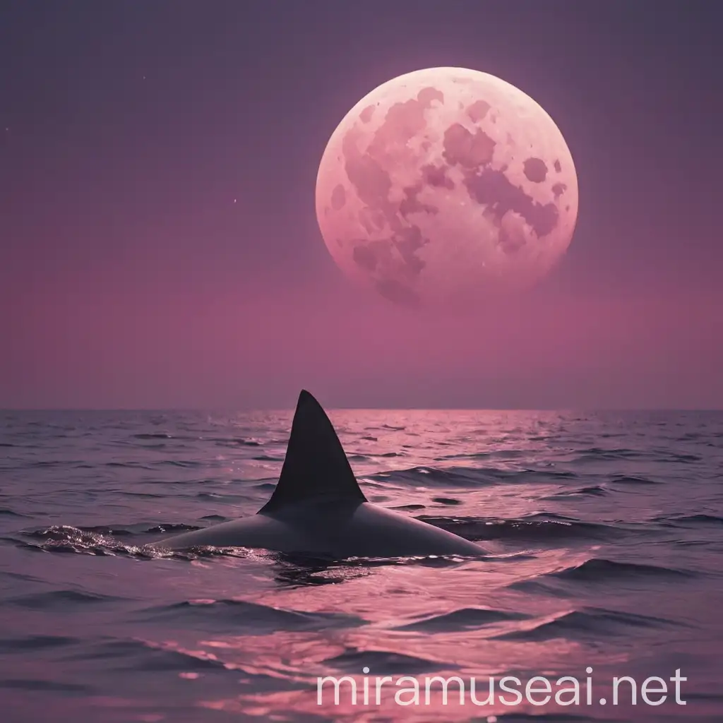  Giant fin of shark coming out of pink and purple ocean water lunar eclipse