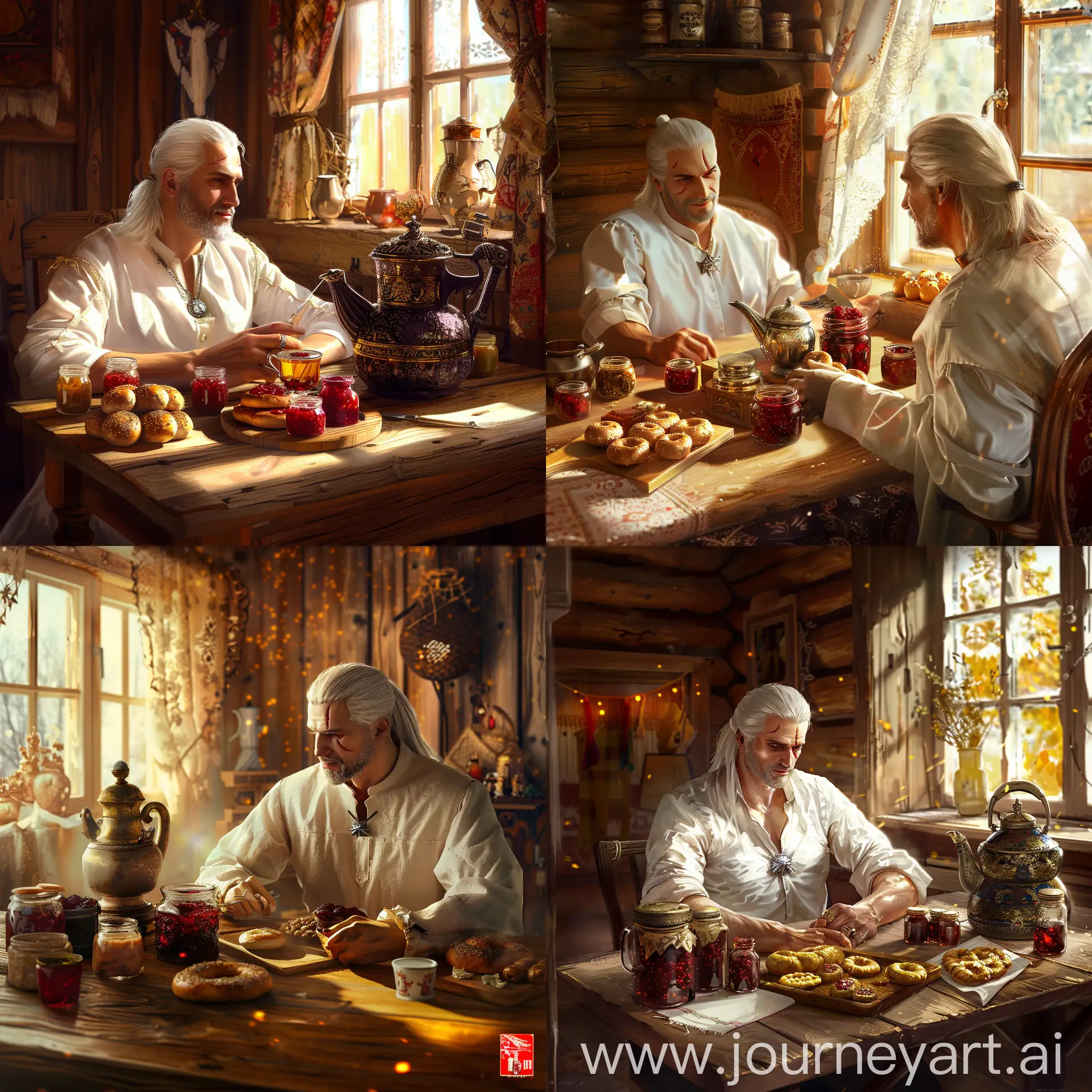 Geralt of Rivia, visiting a Russian grandmother at her home, sitting at a wooden table with a samovar, bagels, jars of jam, and cups of tea. He is wearing a traditional Slavic white shirt. The scene is bathed in warm, golden sunlight streaming through a window, with traditional Russian decor in the background. The style should resemble the visual aesthetics of the Witcher 3 game, with detailed textures and a slightly gritty, realistic look