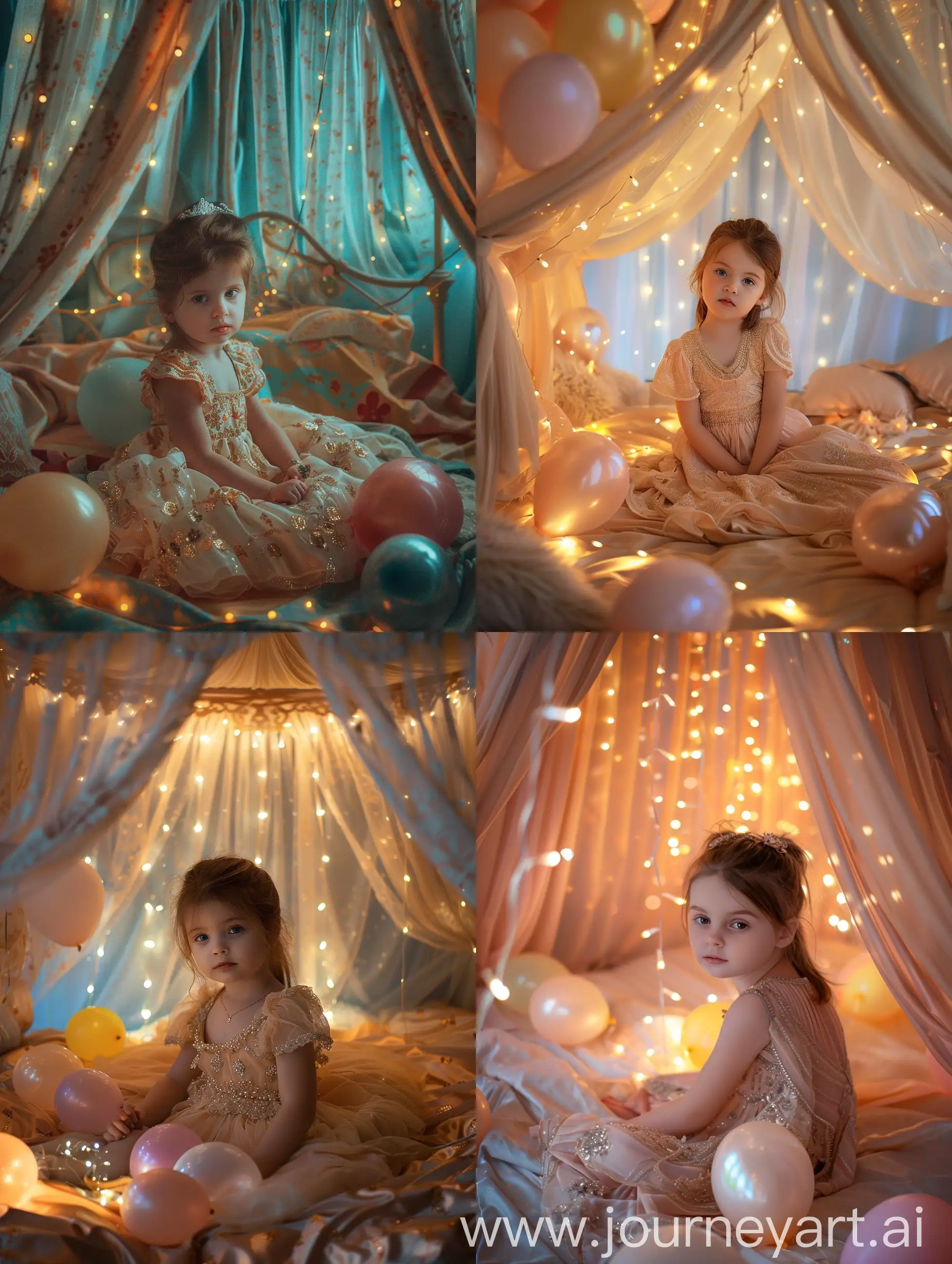 A little girl in a beautiful dress sitting on a bed with a canopy, the canopy glows with lights, balloons on the bed, close-up, realistic photo, hyperrealism, the face is clearly visible, looking at the camera, bed colors, close up photo, light photo