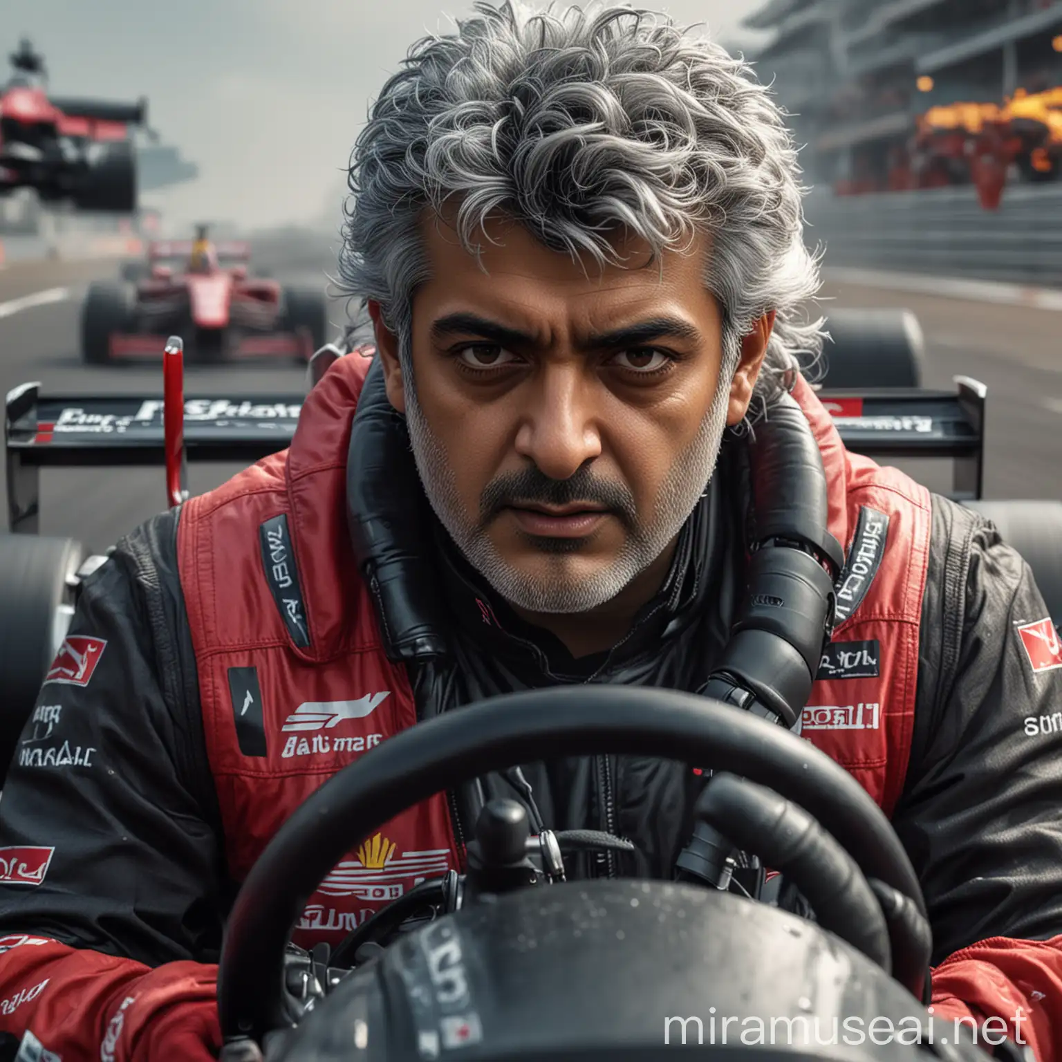 Majestic Ajith Kumar, with salt and pepper hair, driving an F1 car in full-bodied red, racing on an ultra-realistic, cinematic 8k video track, helmetless and determined, amidst a high-octane, adrenaline-fueled race scene, cyberpunk 