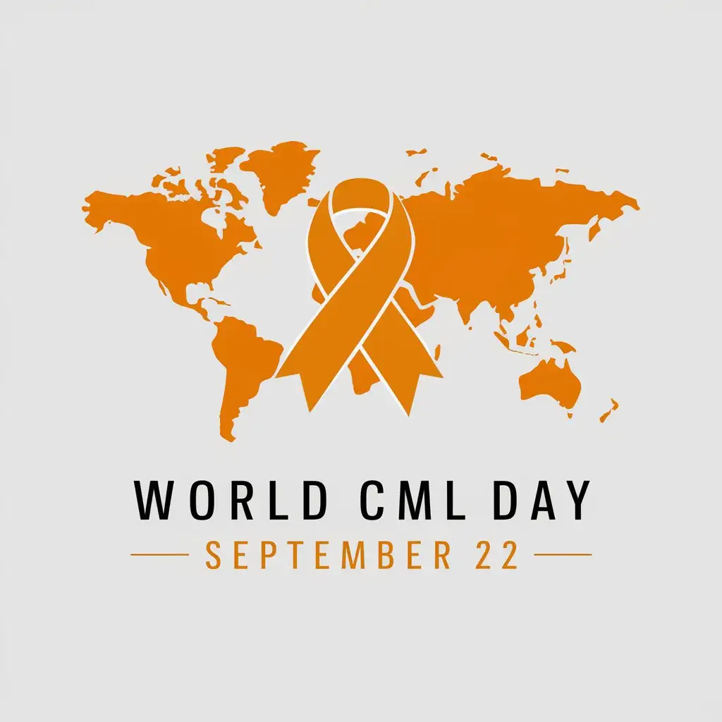a logo design,with the text "World CML Day September 22", main symbol:World map in the background and orange cancer ribbon,complex,clear background