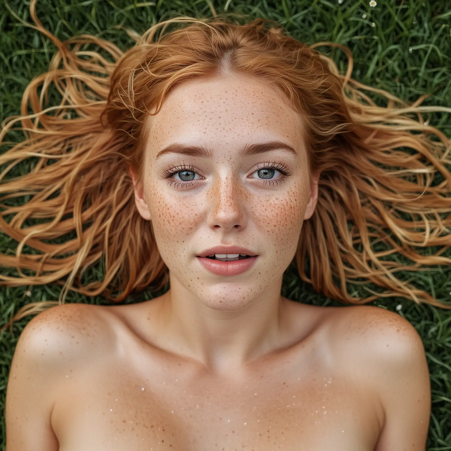 naked freckle face blonde girl laying on back in grass surprised look on her face