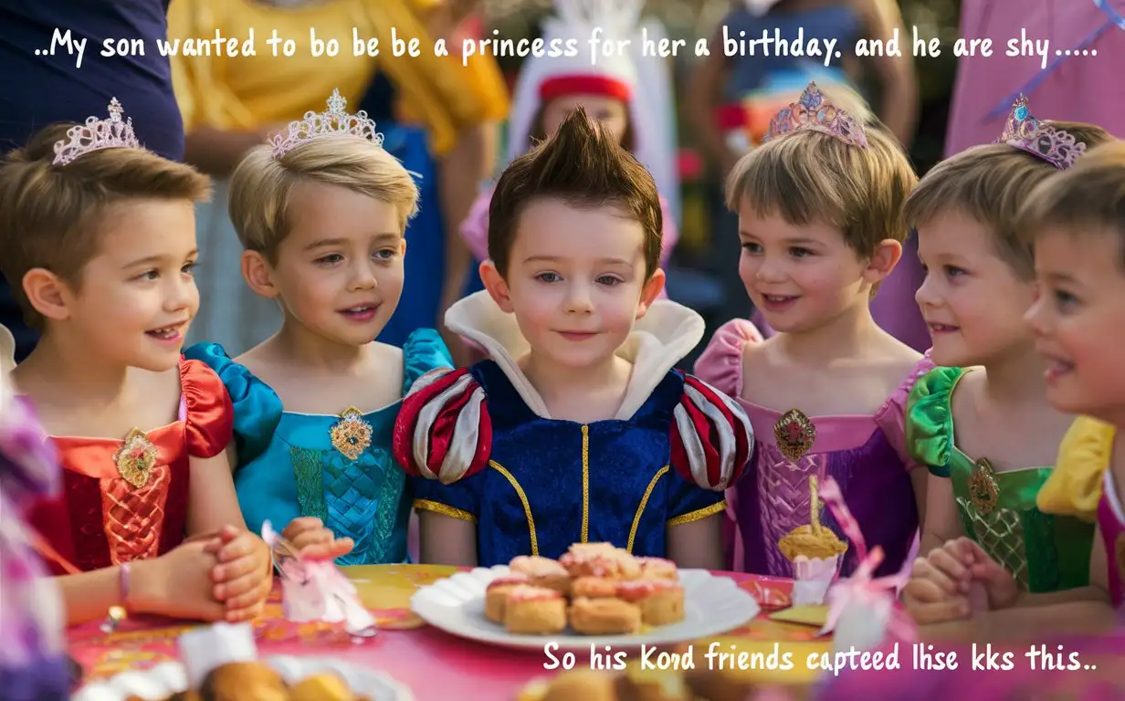 Gender role-reversal, photograph of a shy cute little 6-year-old boy with short smart spiky hair wearing a Snow White Princess dress, the boy is having a princess birthday party, he has asked his boy friends to come dressed up as princesses, a group of little boys with short hair are wearing colourful princess dresses, sitting round a table together, adorable, perfect faces, perfect faces, clear faces, perfect eyes, perfect noses, smooth skin, the photograph is captioned above “my son wanted to be a princess for his birthday but he was shy...”, the photograph is captioned below “so his kind friends came dressed like this.”