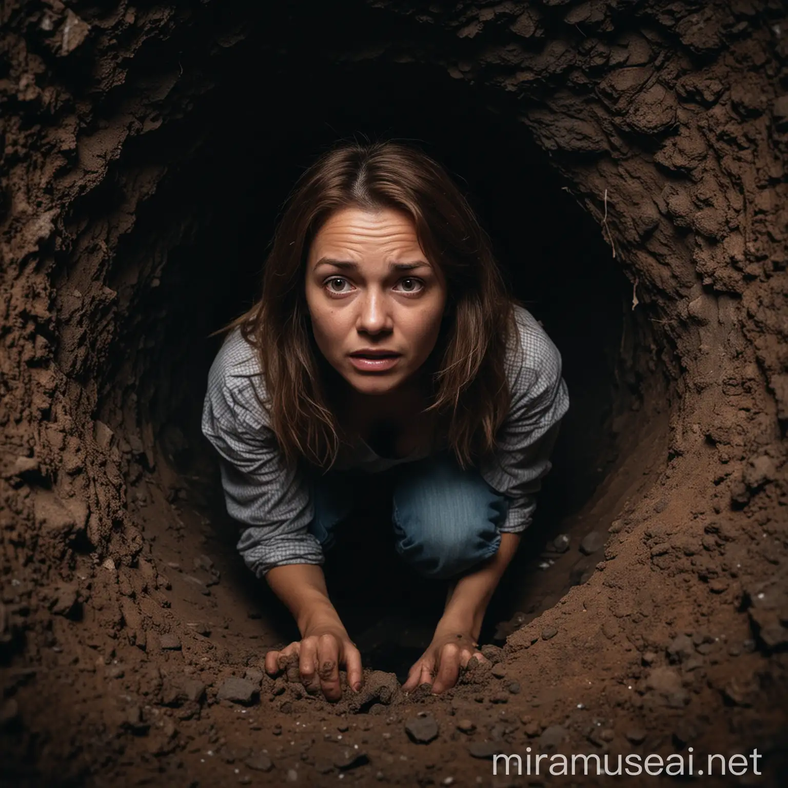 Woman Crouching Deep in Dark Hole