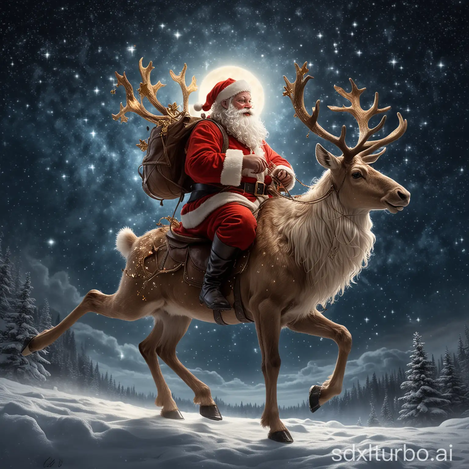 Santa, wie er auf einem glitzernden Flughirsch reitet, der ihn hoch in den Nachthimmel trägt, wo die Sterne seine einzigen Begleiter sind.