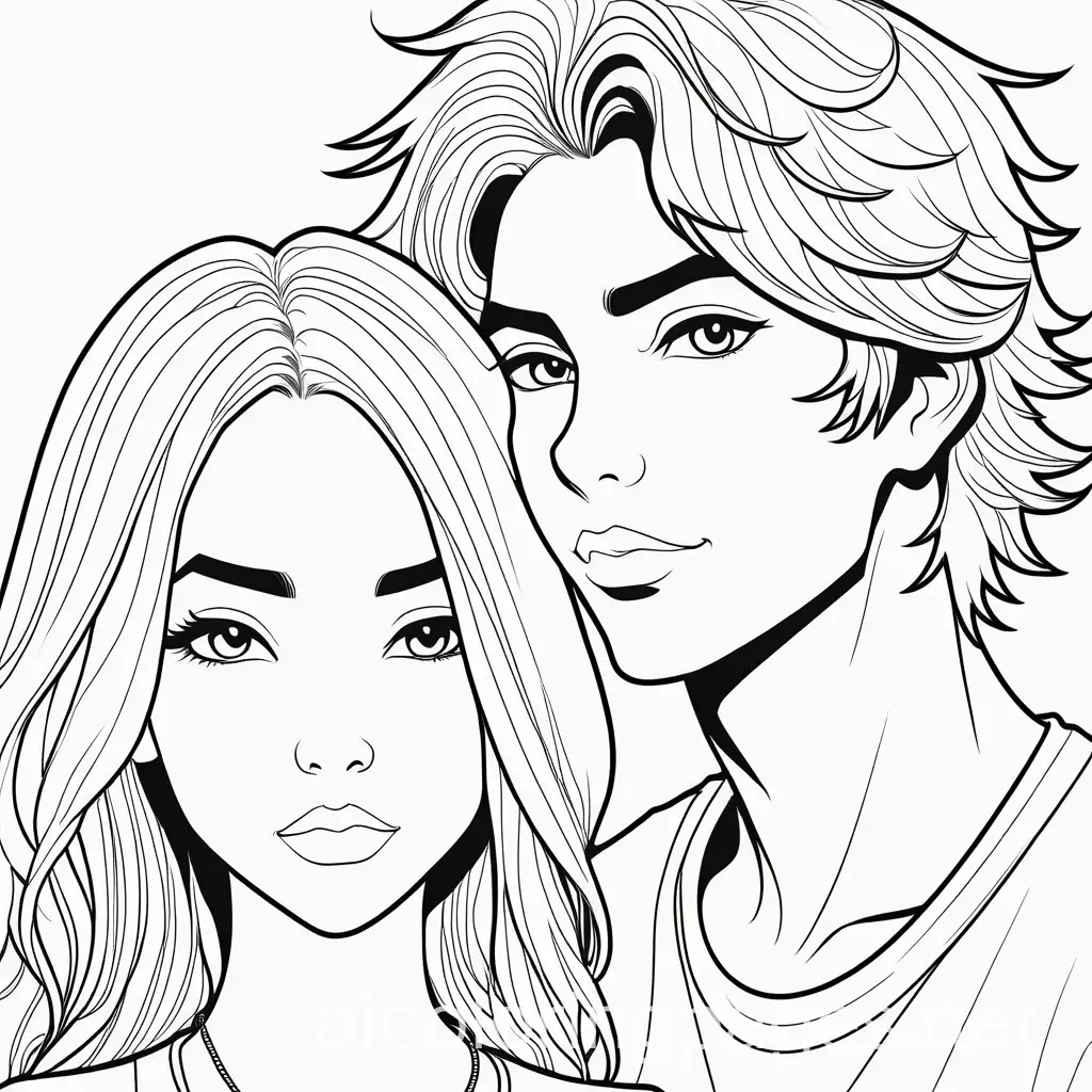 A teen girl with medium length wavy hair. She has a right nose ring and two lip rings on her left side. Next to her is a teen boy with shaggy short hair, Coloring Page, black and white, line art, white background, Simplicity, Ample White Space.