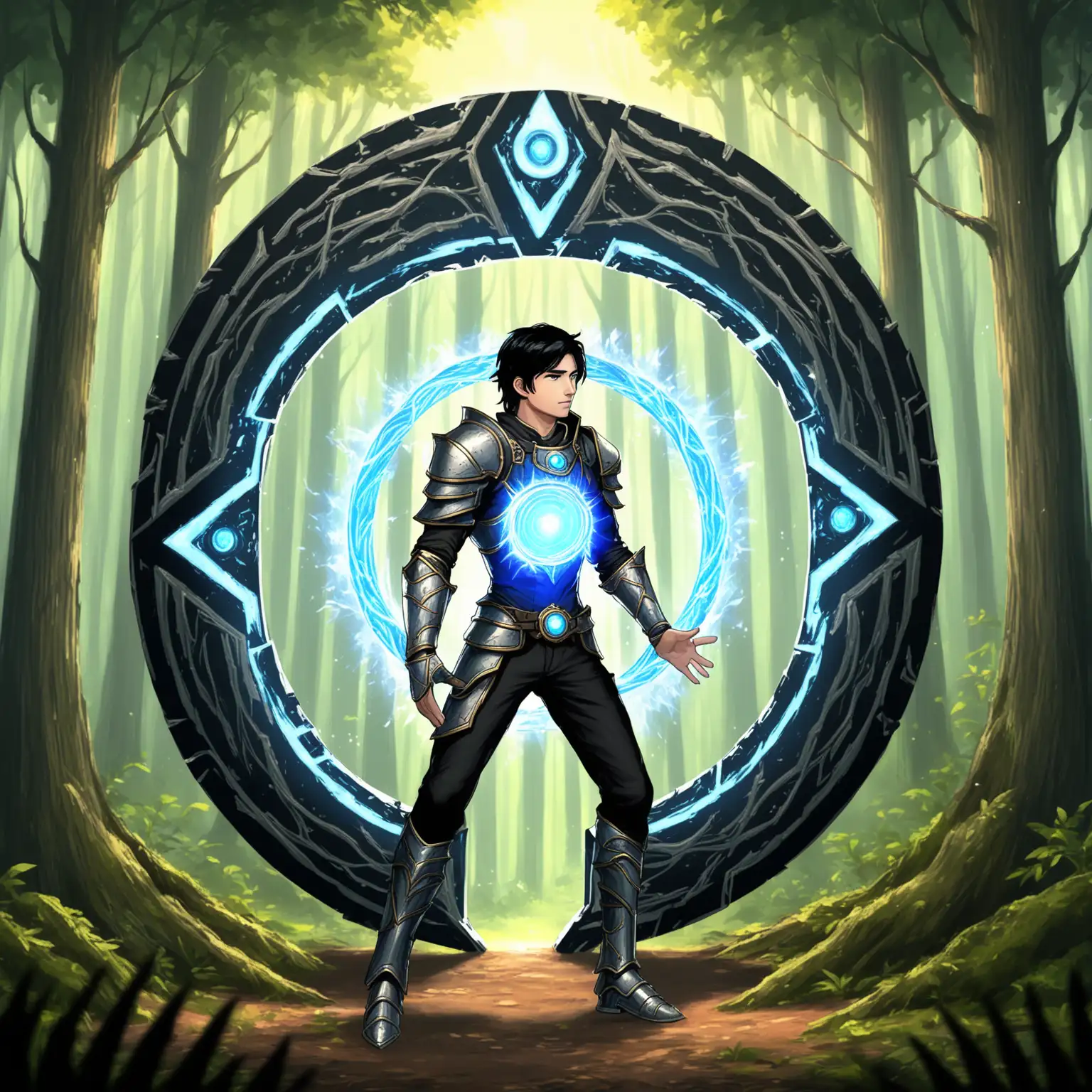 Adventurous Man in Portal with Magic in Forest