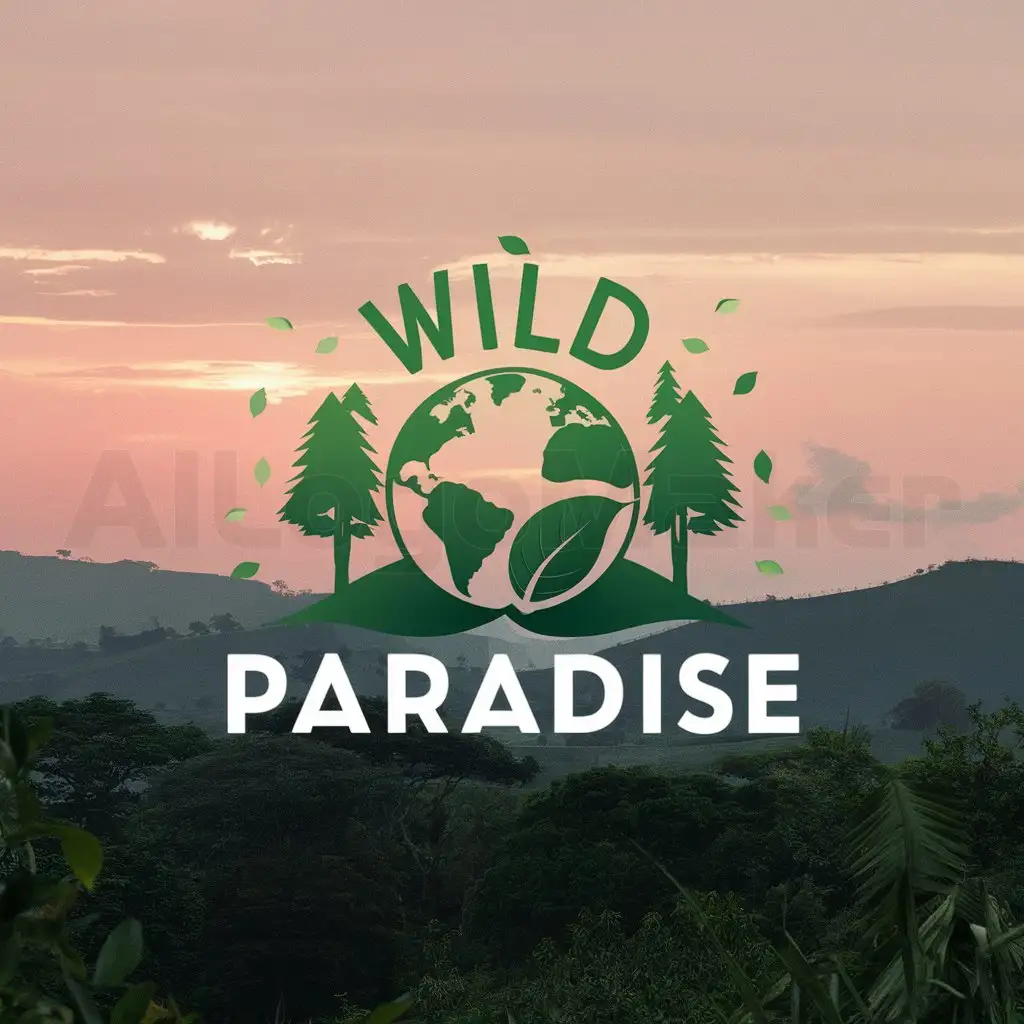 a logo design,with the text "Wild Paradise", main symbol:Earth, leaf, trees, sunset, nature hills,Moderate,clear background