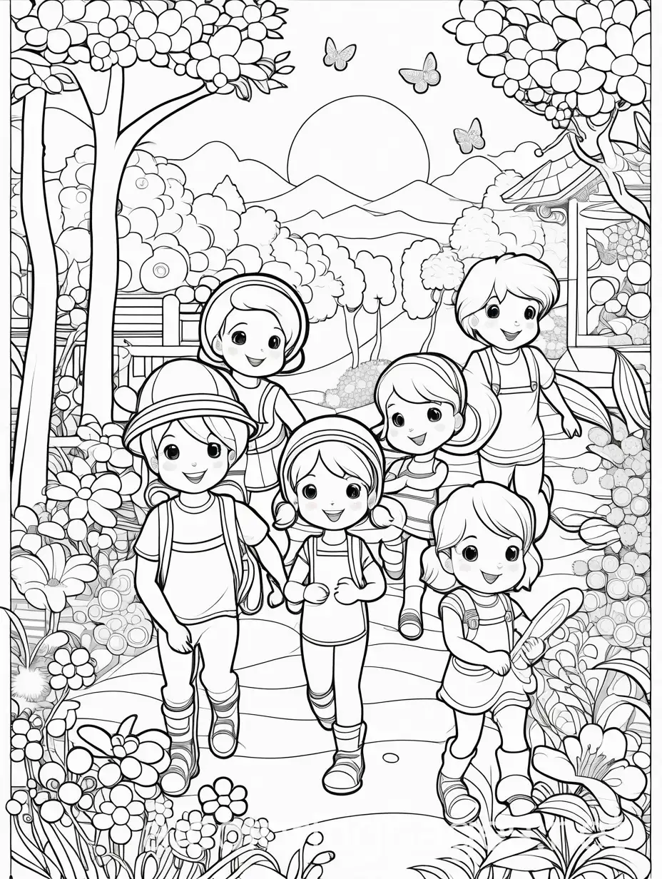 A coloring page group of happy children playing together in a beautiful garden. Their expressions are joyful and filled with laughter, symbolizing the joy that comes from the Lord.  A bright,  sun shone down on the scene. Trees with happy faces, flowers, and animals (e.g., kitten, joyful puppy) enjoying the moment. Butterflies to add to the festive and joyful atmosphere. Ample white space and easy for children to color within the lines. Kawaii style elements. No borders. No black background. Coloring page, line art.
, Coloring Page, black and white, line art, white background, Simplicity, Ample White Space. The background of the coloring page is plain white to make it easy for young children to color within the lines. The outlines of all the subjects are easy to distinguish, making it simple for kids to color without too much difficulty