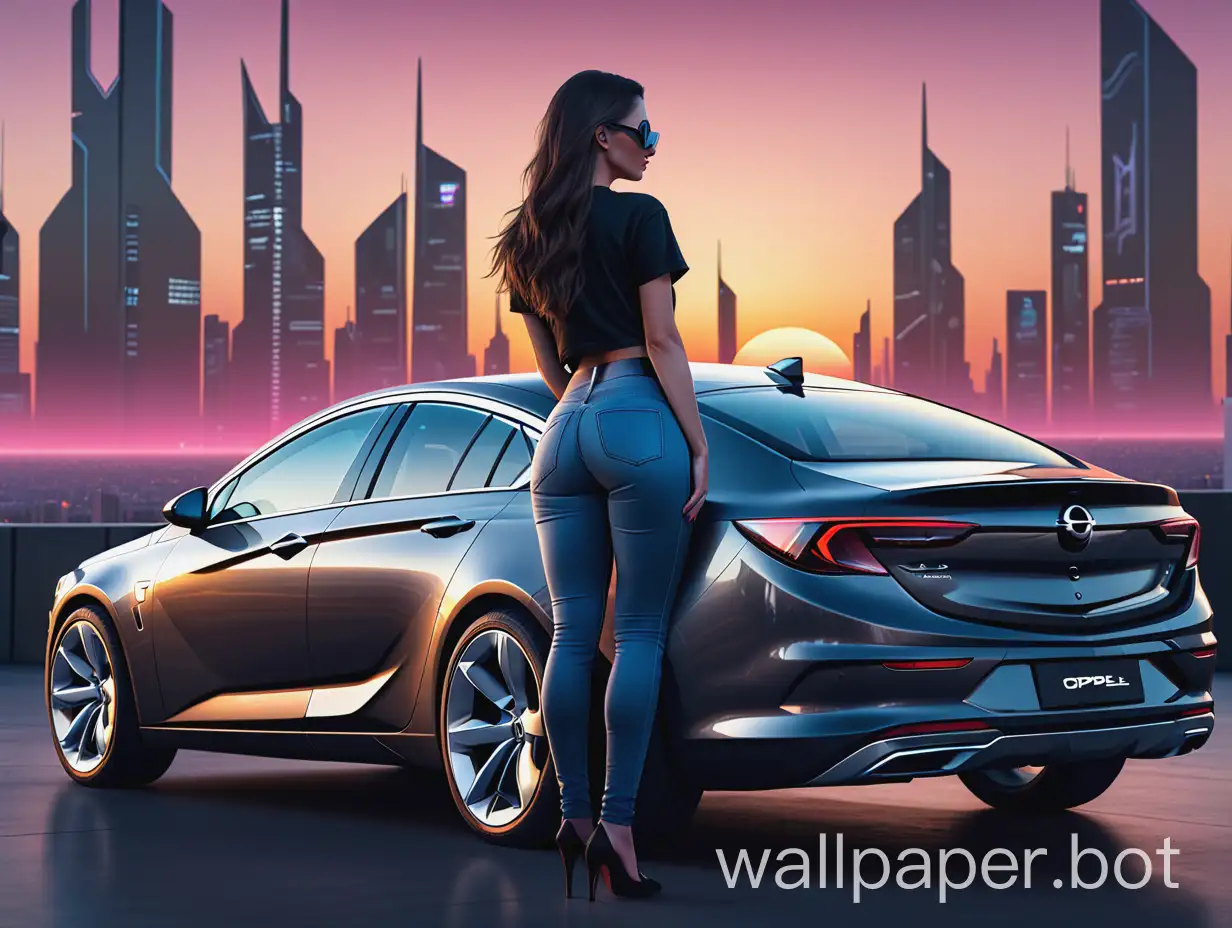 Grey opel insignia grand sport car  seen from the side next to a fuller shape woman with long darkbrown hair visible from the back (her face isn't visible), wearing black t-shirt with cleavage, jeans and high heels. background is a futuristic city at sunset, synthwave style