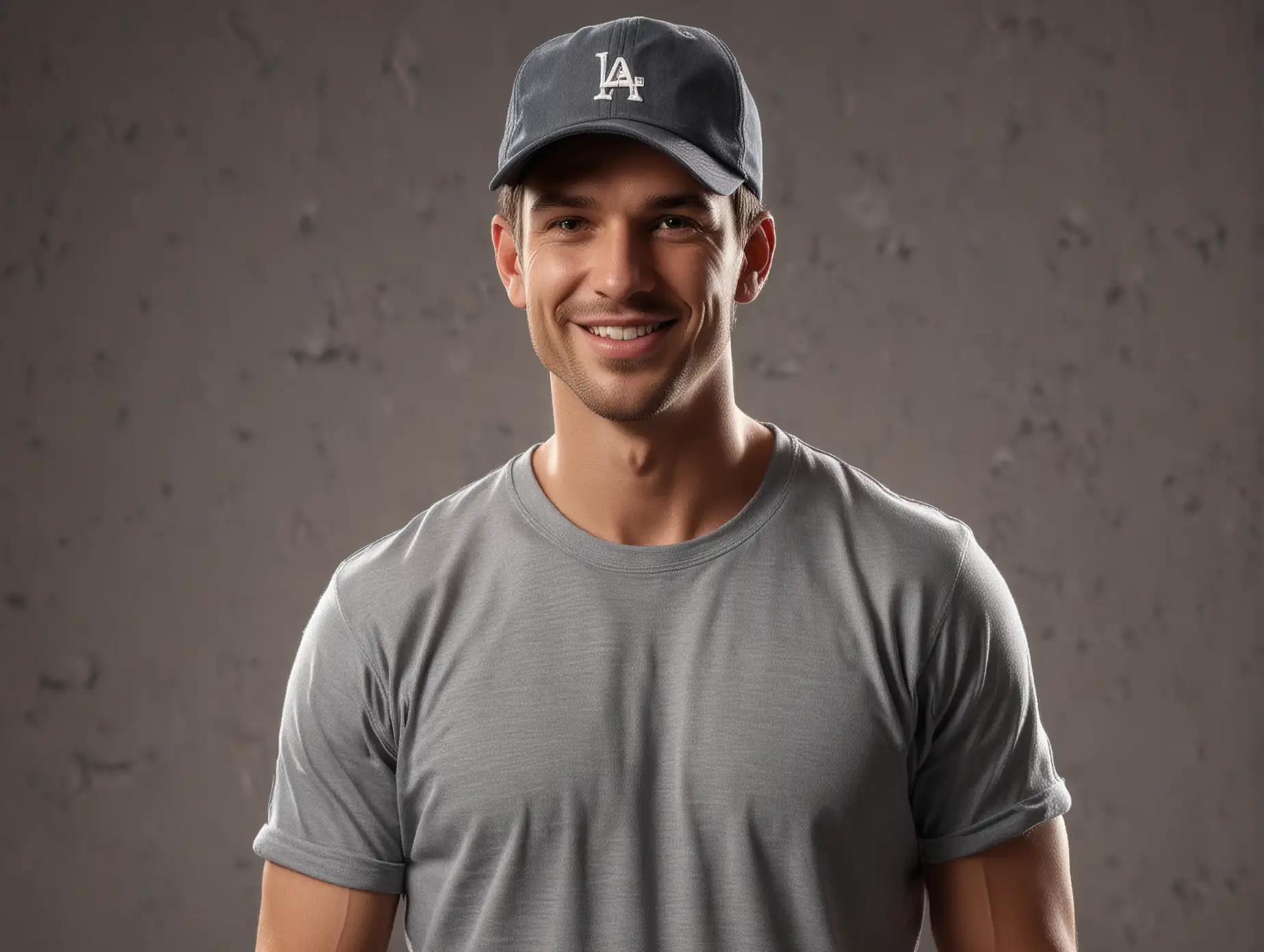 A handsome, confident male in casual attire, backward baseball cap, five o'clock shadow, smiling, creative, facing the camera, chest up, photorealistic, detailed, sharp focus, cinematic lighting, high tech background, studio portrait, 8k resolution