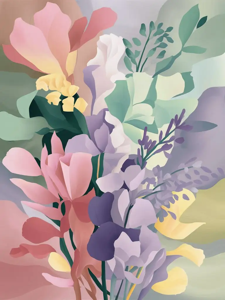 Abstract illustration Floral oil painting,
Colors: Soft pastels including blush pink, mint green, lavender, and pale yellow,
Design: Freeform floral shapes and patterns